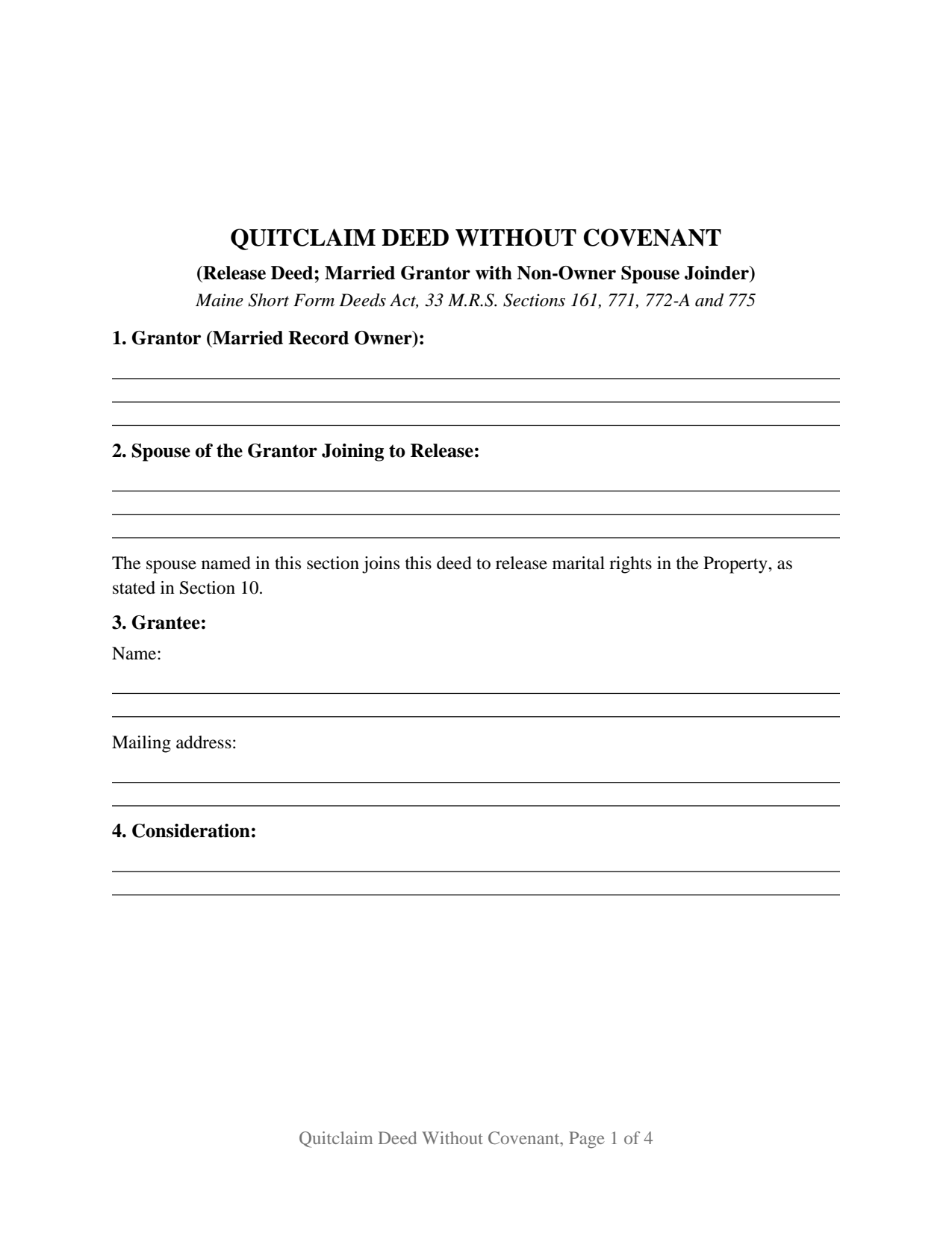 Maine Quitclaim Deed (Married Grantor with Non-Owner Spouse Joinder)