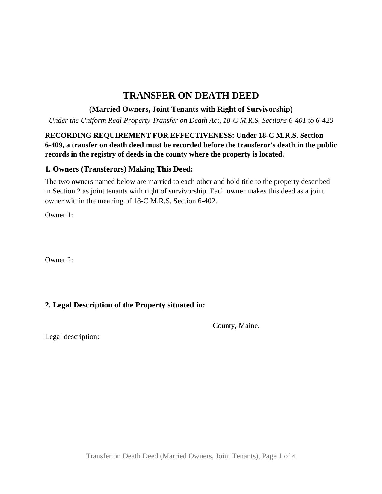 Maine Transfer on Death Deed (Married Owners, Joint Tenants with Right of Survivorship)