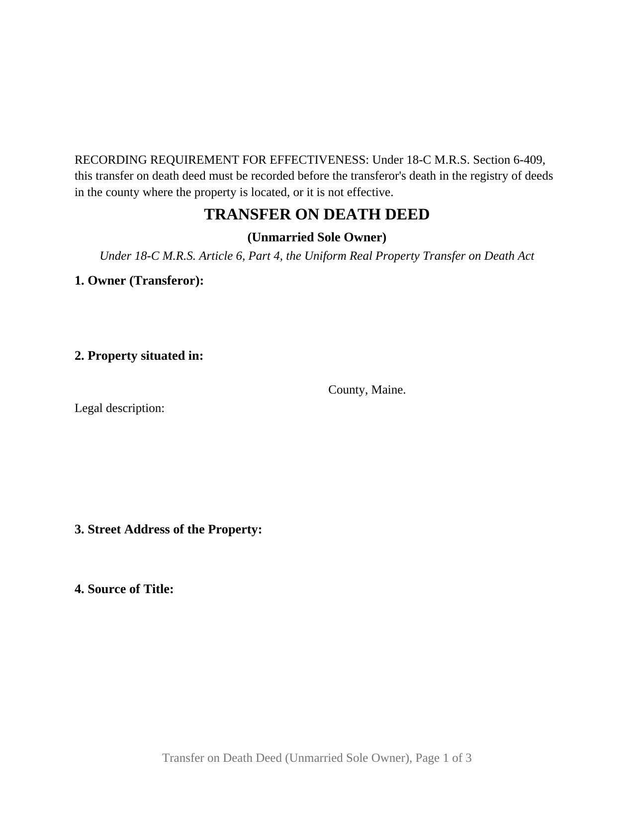 Maine Transfer on Death Deed (Unmarried Sole Owner)