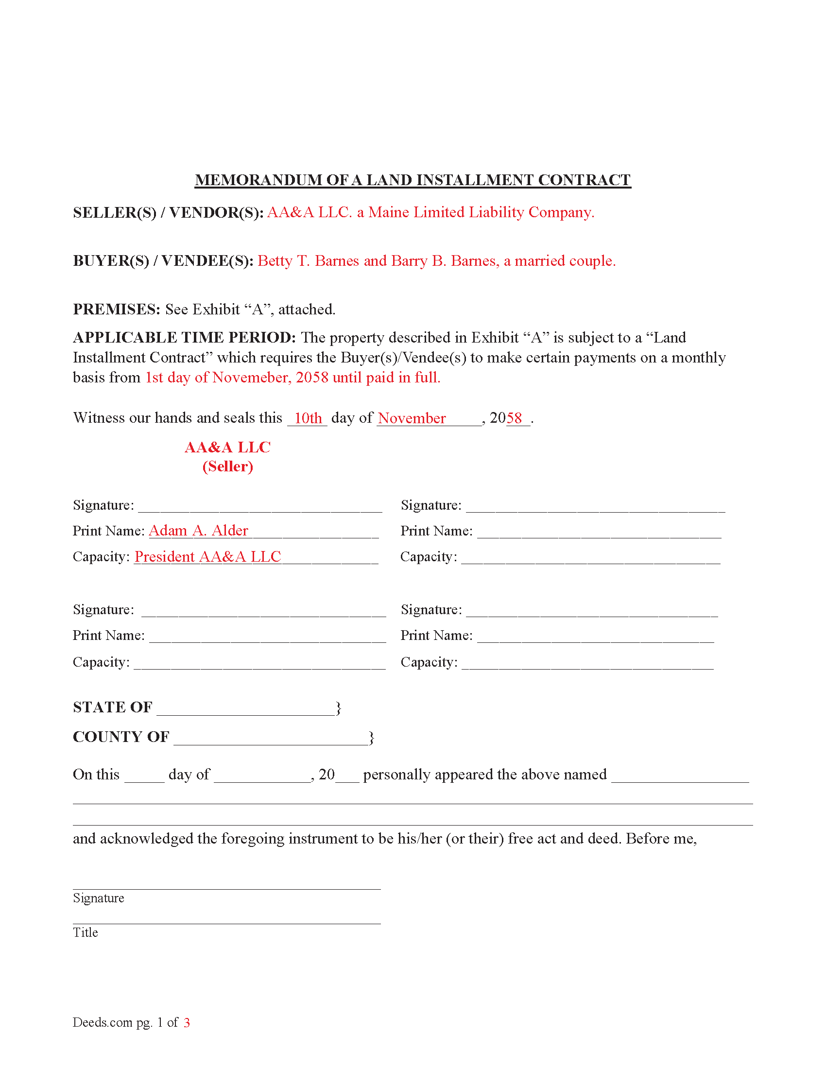 Waldo County Completed Example of the Memorandum of a Land Installment Contract Document