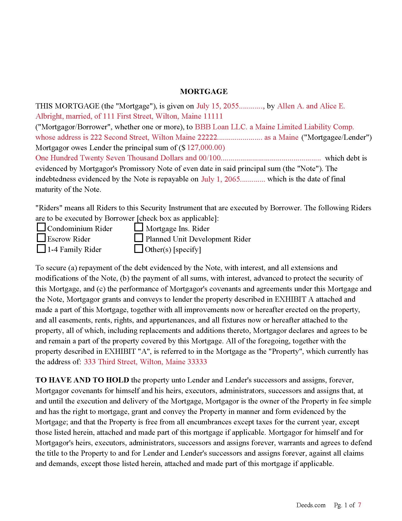 Completed Example of the Mortgage Document