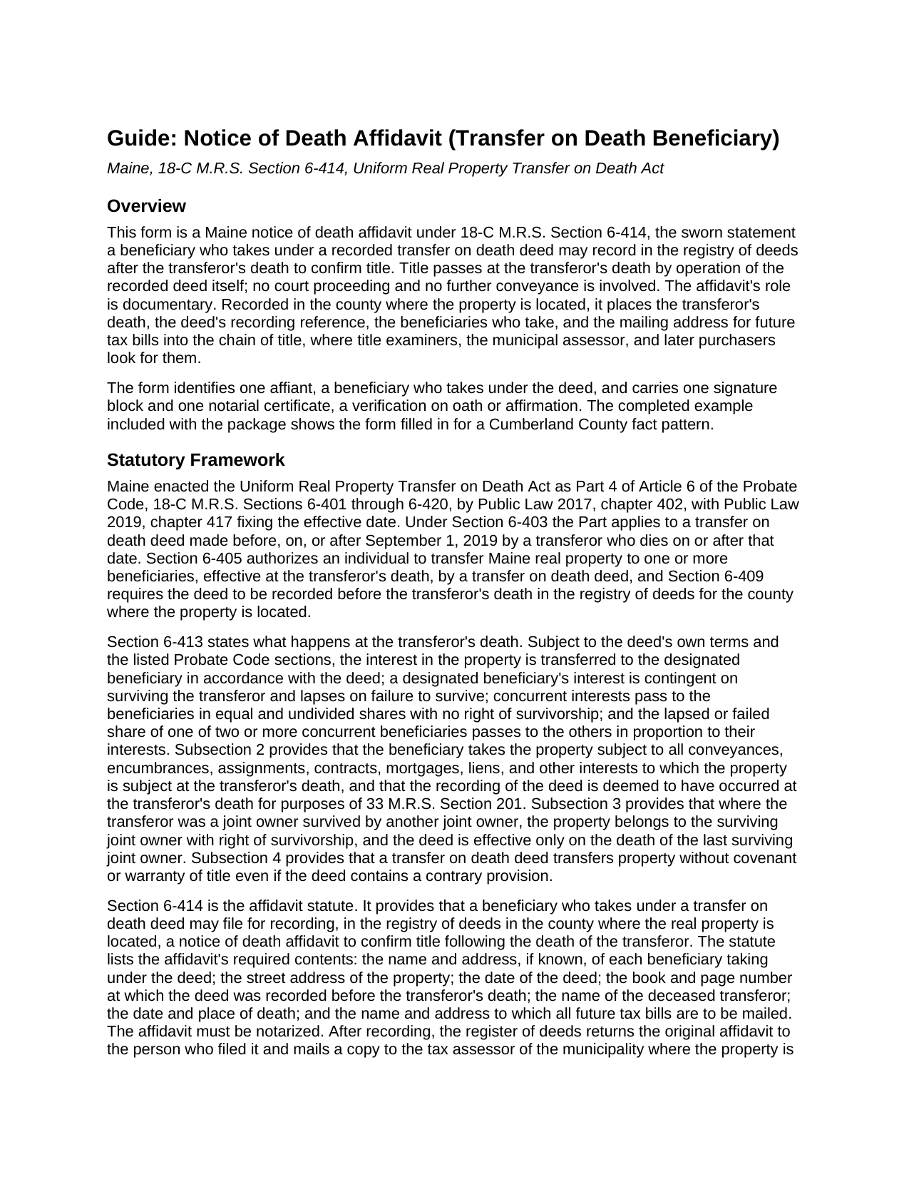 Piscataquis County Notice of Death Affidavit (Transfer on Death Beneficiary) Guide