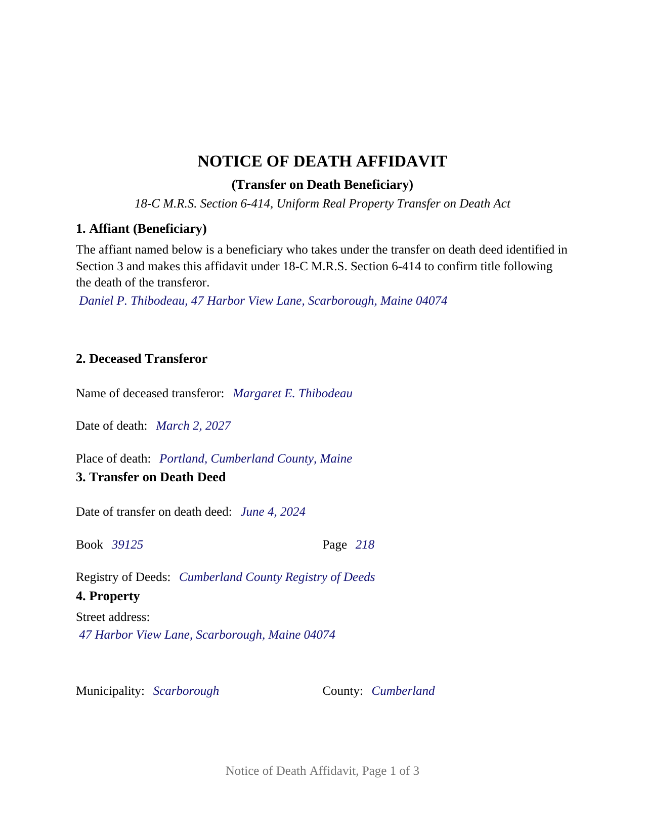 Piscataquis County Completed Example of the Notice of Death Affidavit (Transfer on Death Beneficiary) Document