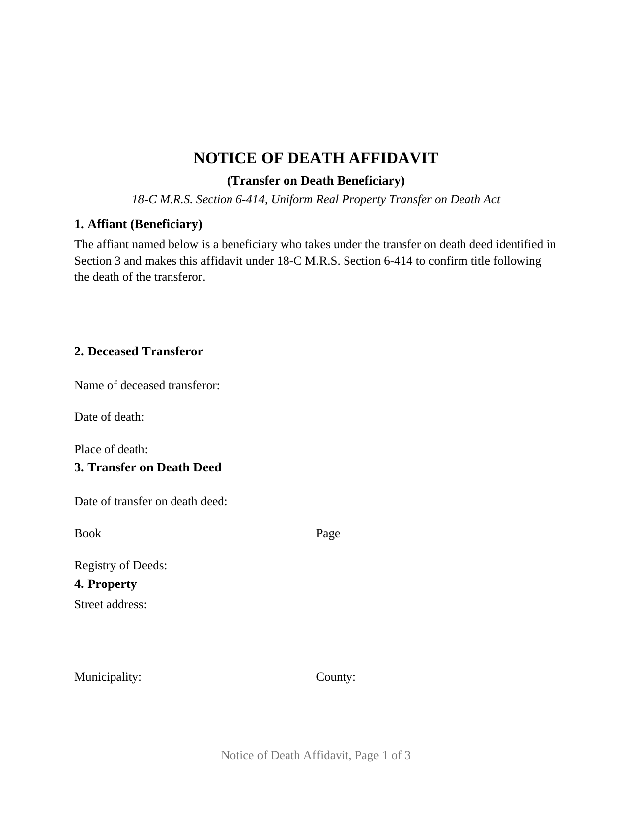 Piscataquis County Notice of Death Affidavit (Transfer on Death Beneficiary) Form