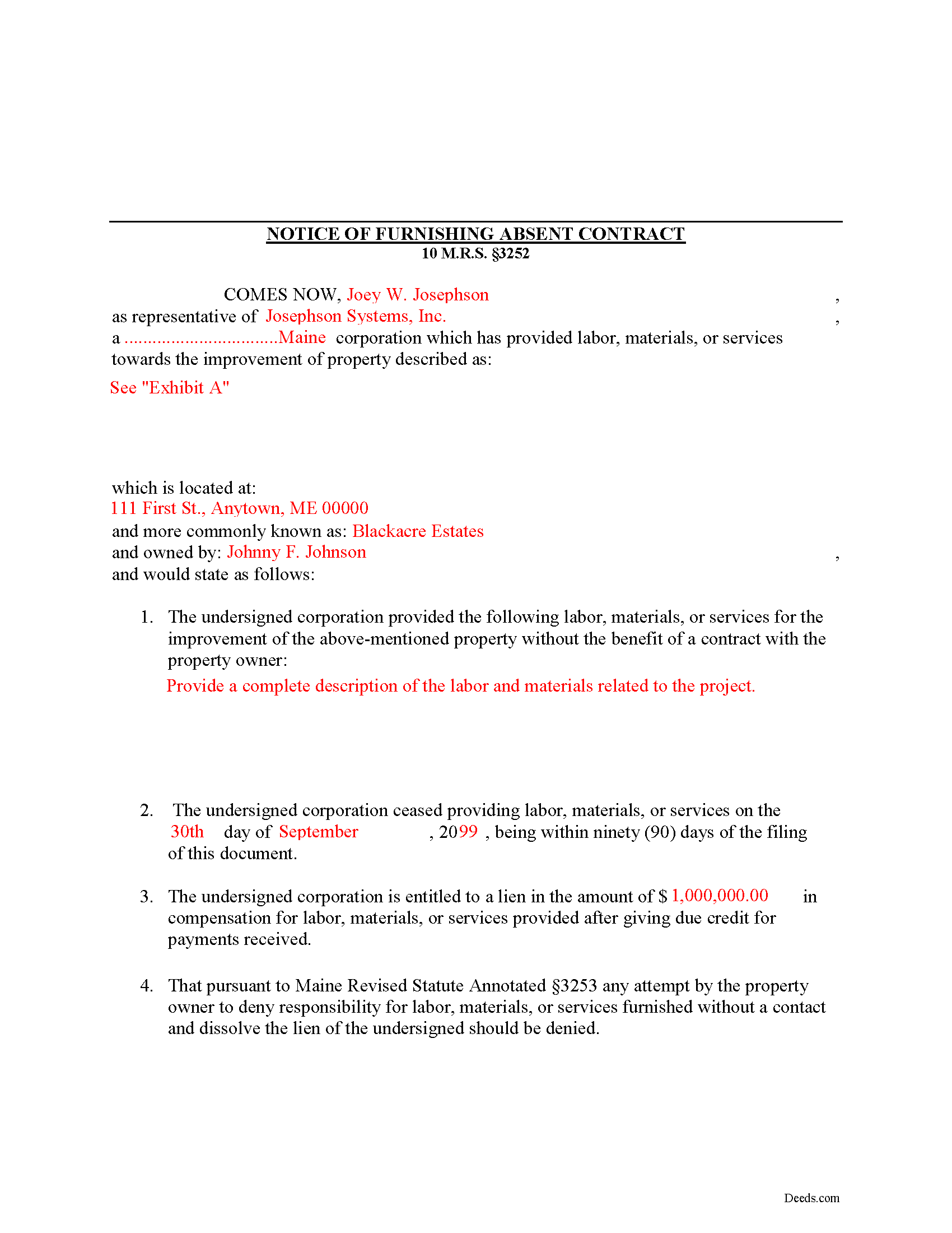 Somerset County Completed Example of the Notice of Furnishing Document