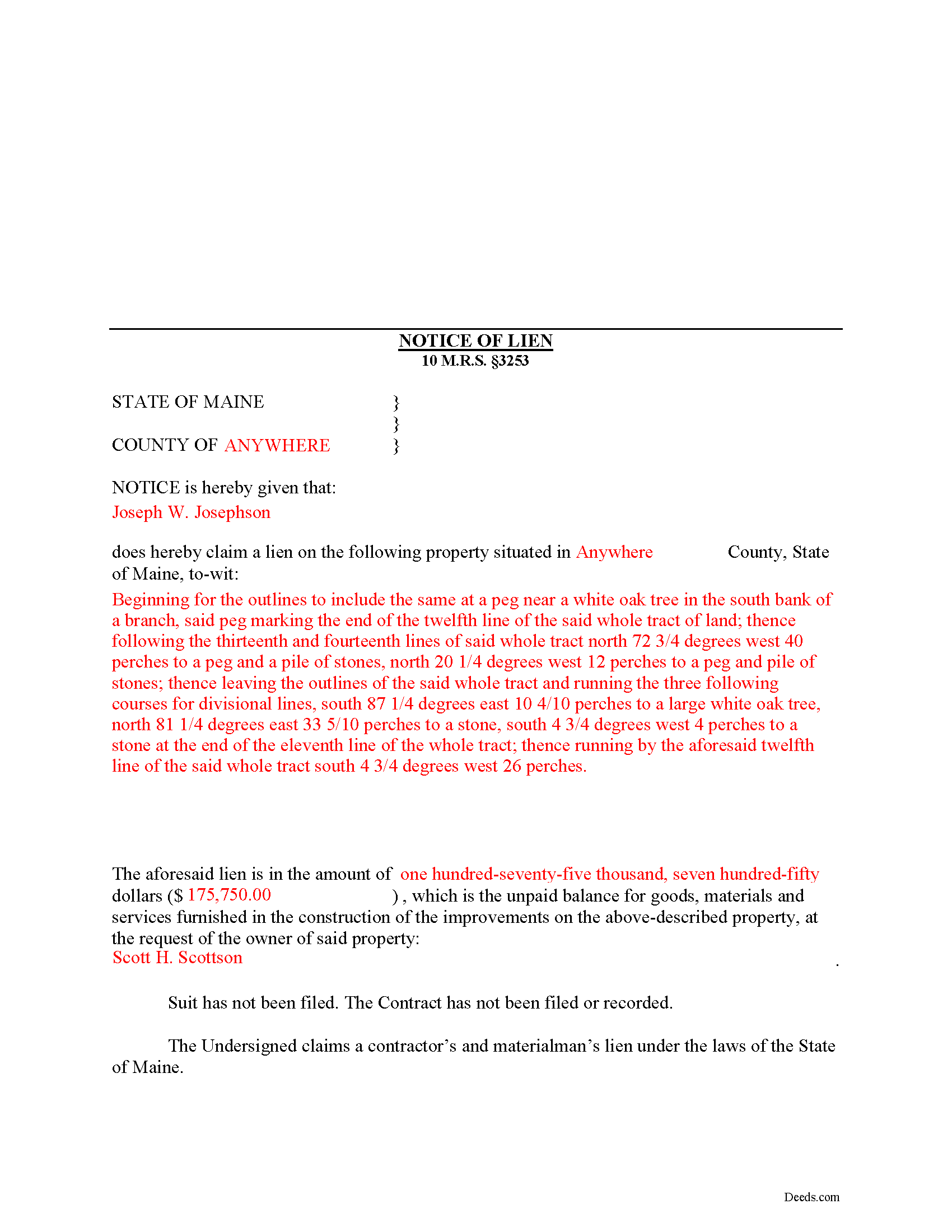 Completed Example of the Notice of Mechanic Lien Document