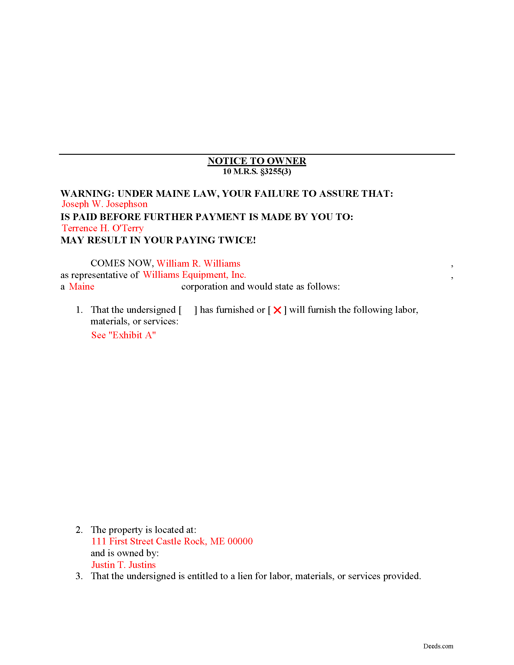 Cumberland County Completed Example of the Notice to Owner Document