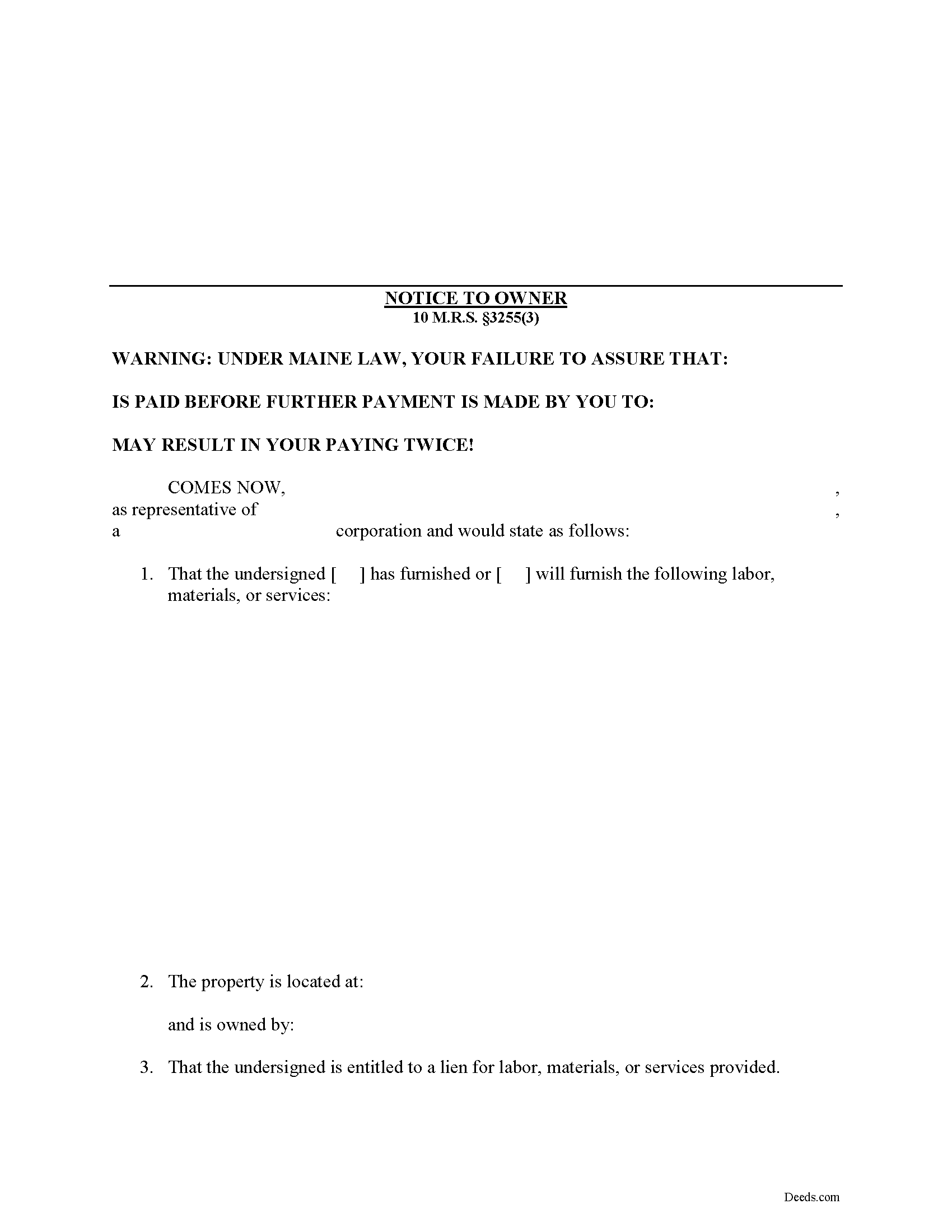 Cumberland County Notice to Owner Form