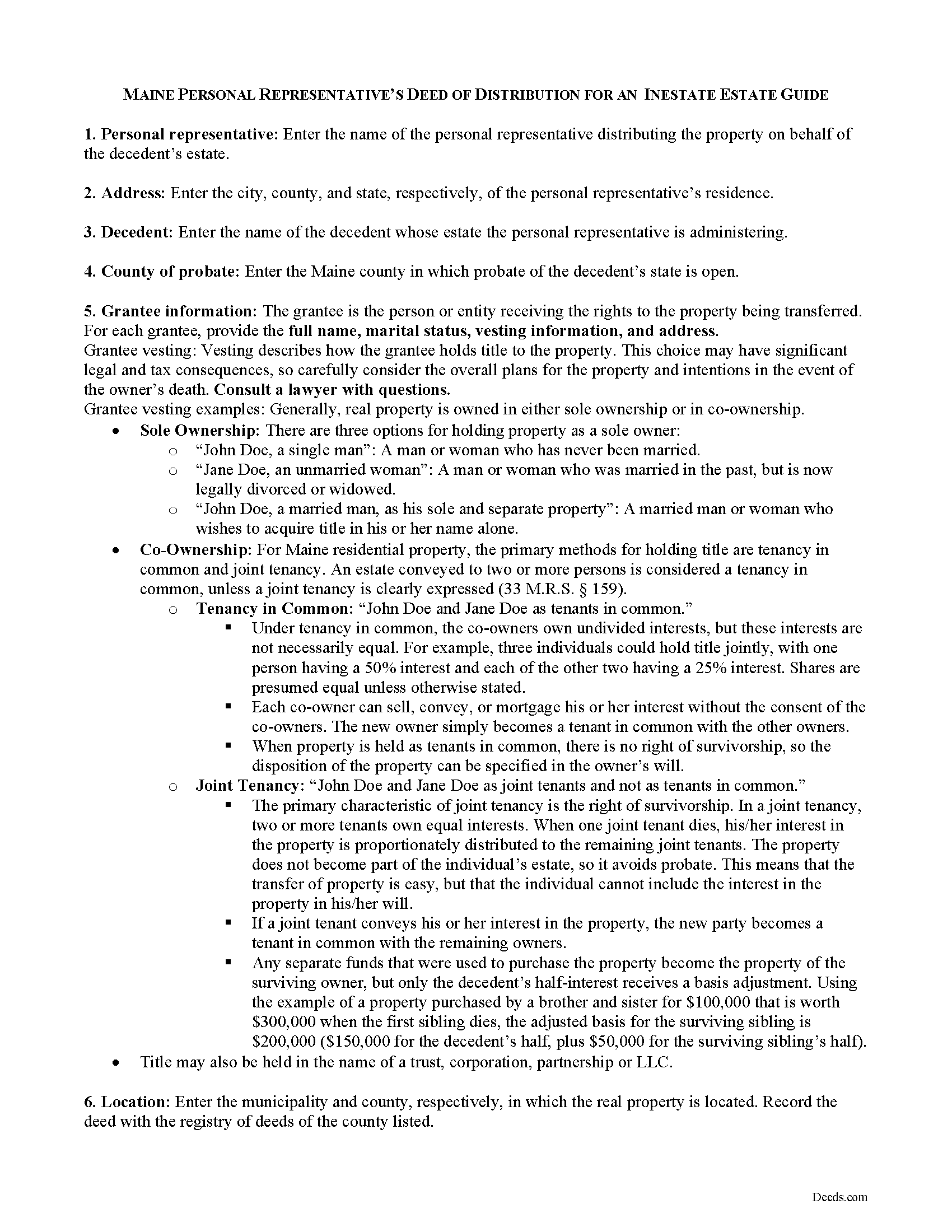 Waldo County Personal Representative Deed of Distribution Guide