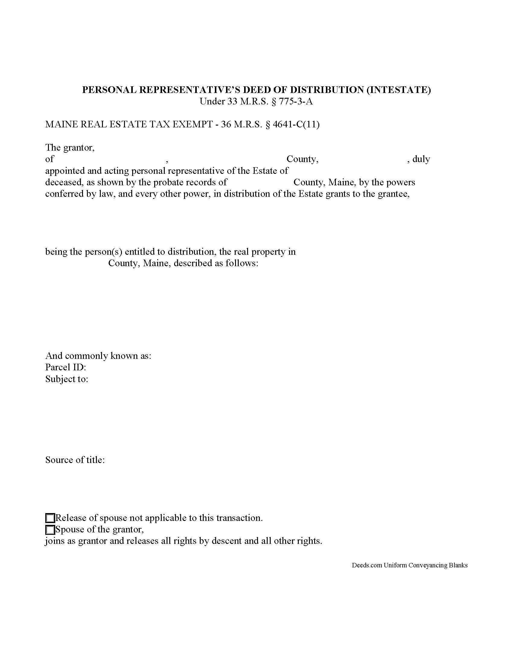 Waldo County Personal Representative Deed of Distribution Intestate Form