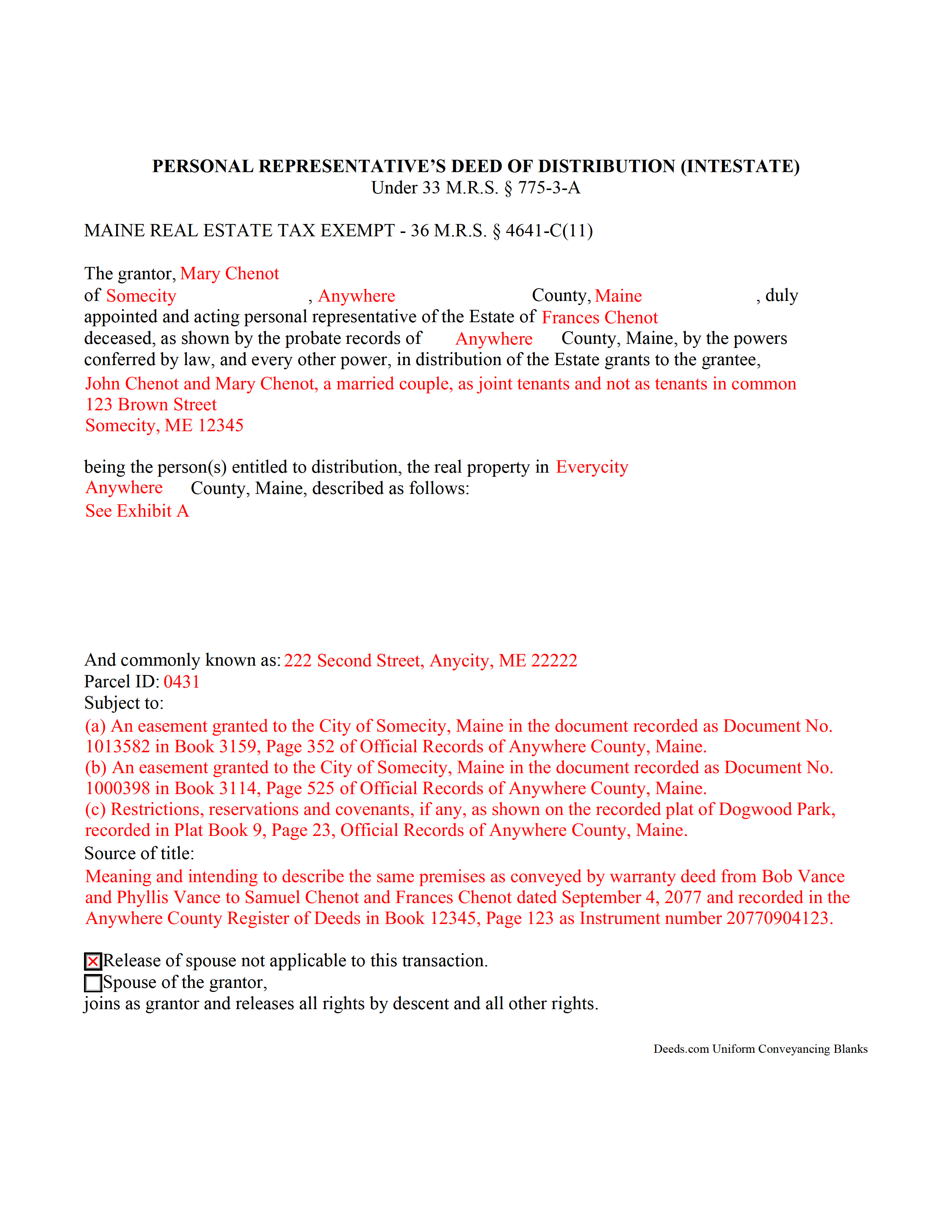 Waldo County Completed Example of the Personal Representative Deed of Distribution Document