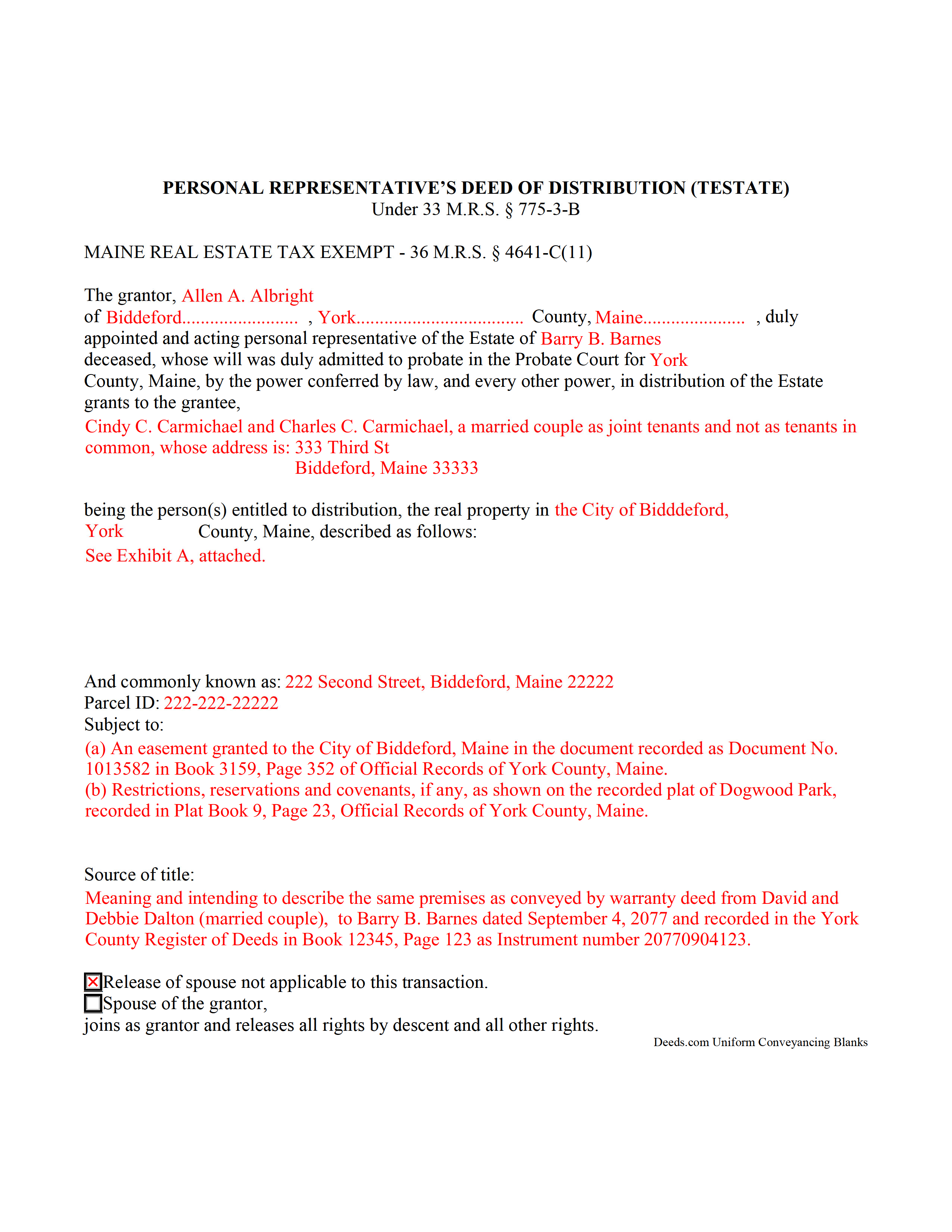 Completed Example of the Deed of Distribution Document