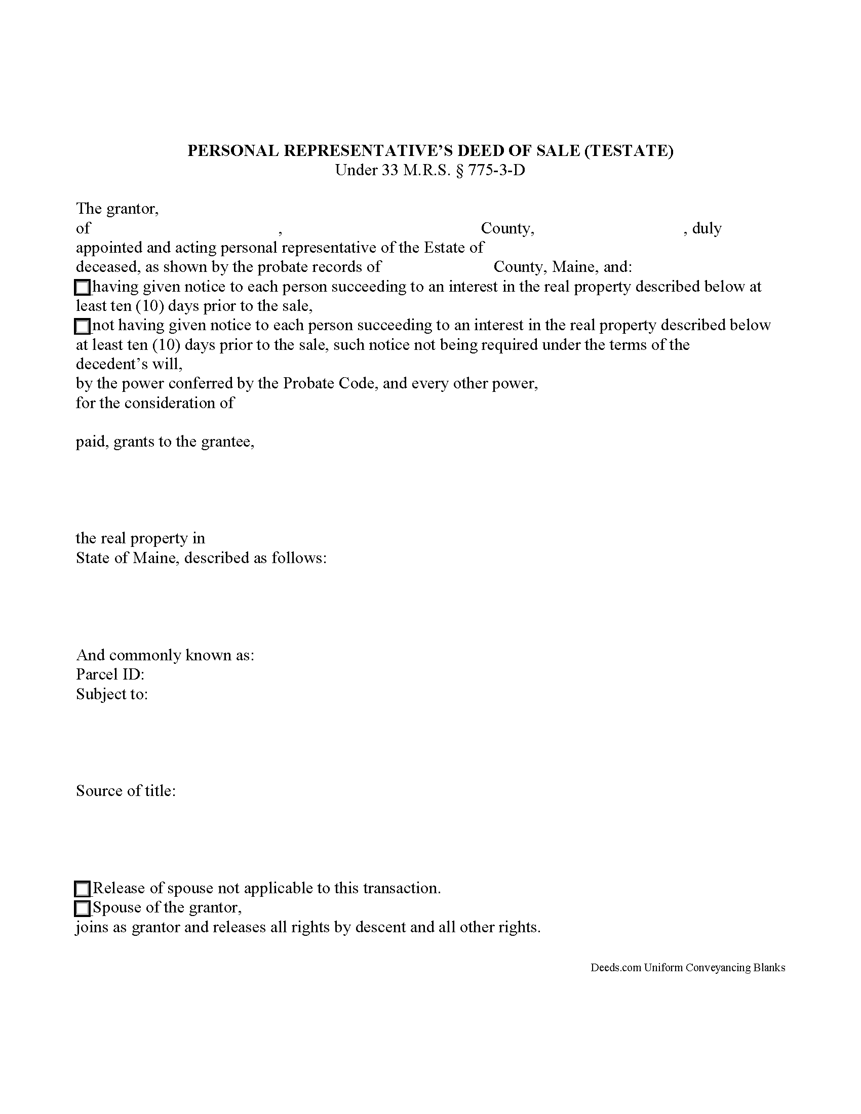 Somerset County Personal Representative Deed Form