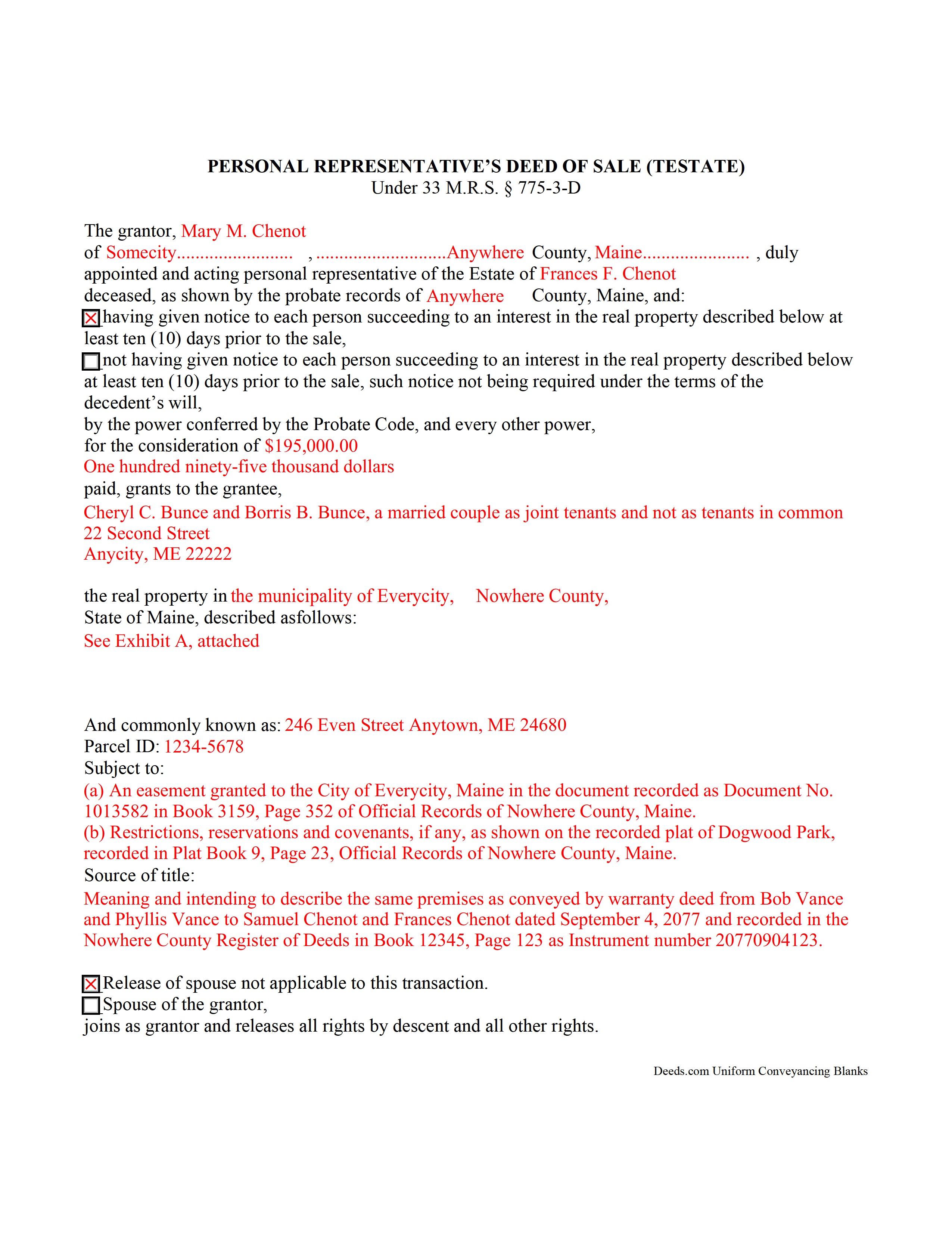 Somerset County Completed Example of the Personal Representative Deed of Sale Document