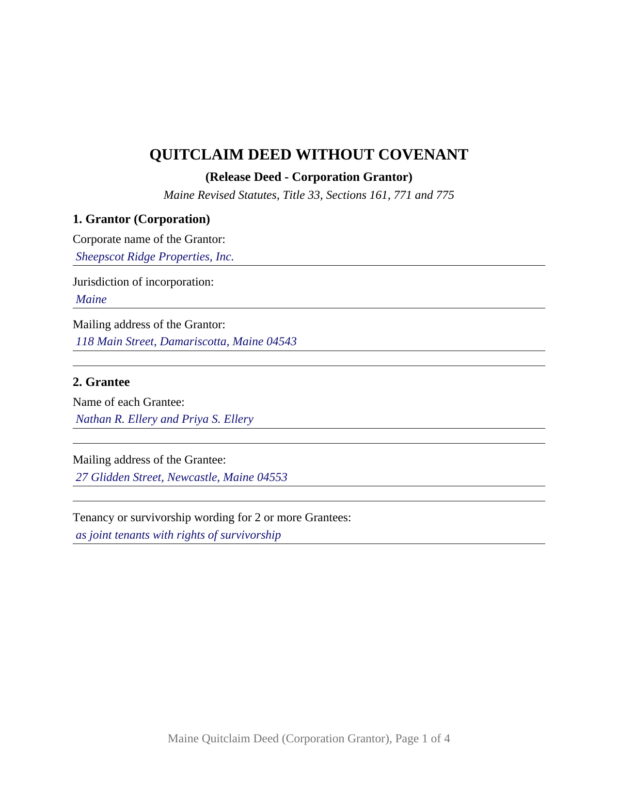 Somerset County Completed Example of the Quitclaim Deed (Corporation Grantor) Document