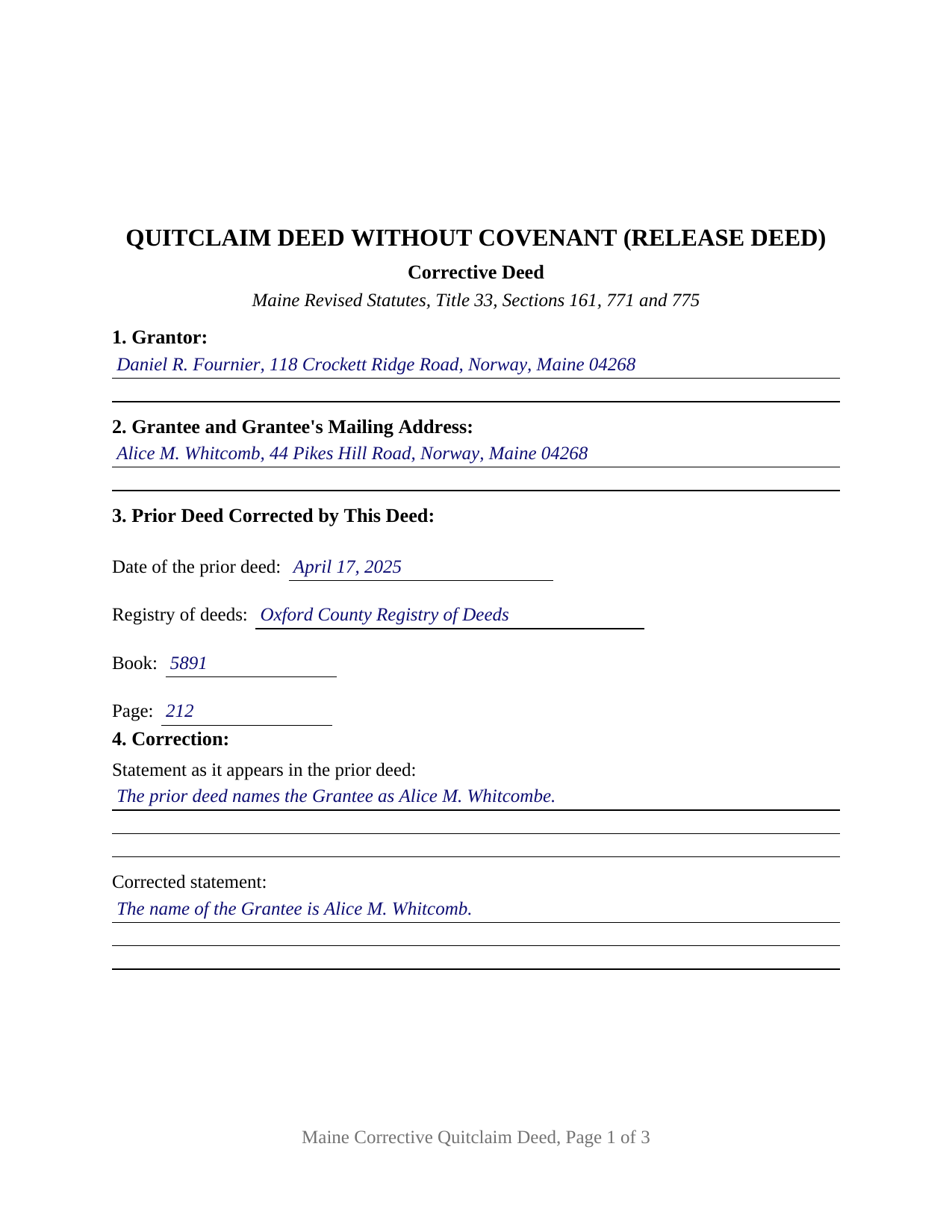 York County Completed Example of the Quitclaim Deed (Corrective) Document