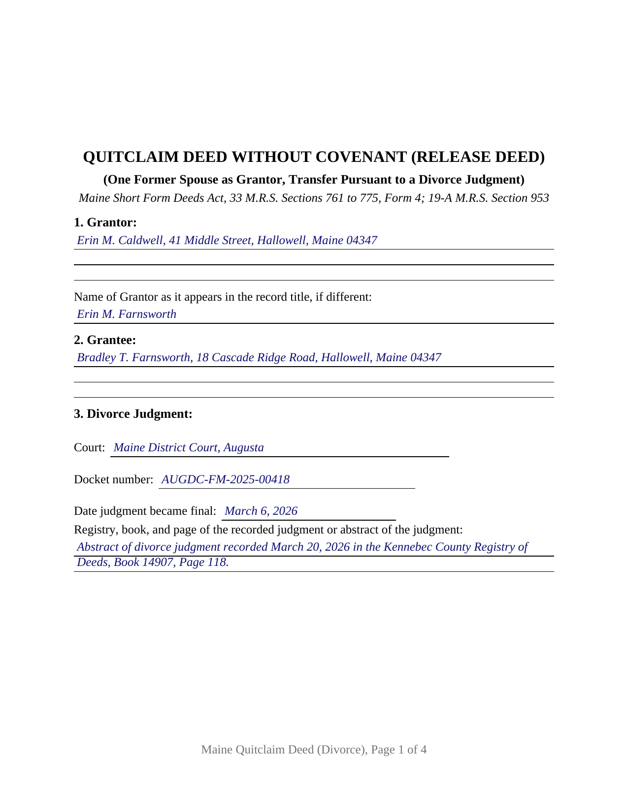 Franklin County Completed Example of the Quitclaim Deed (Divorce) Document