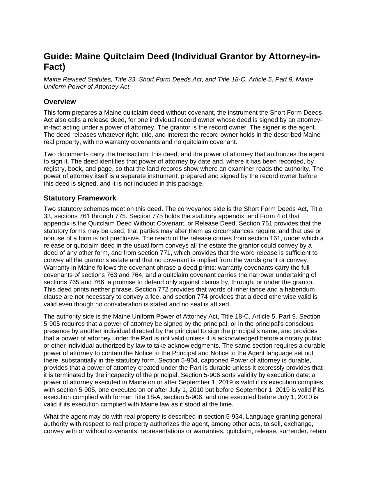 Sagadahoc County Quitclaim Deed (Individual Grantor by Attorney-in-Fact) Guide