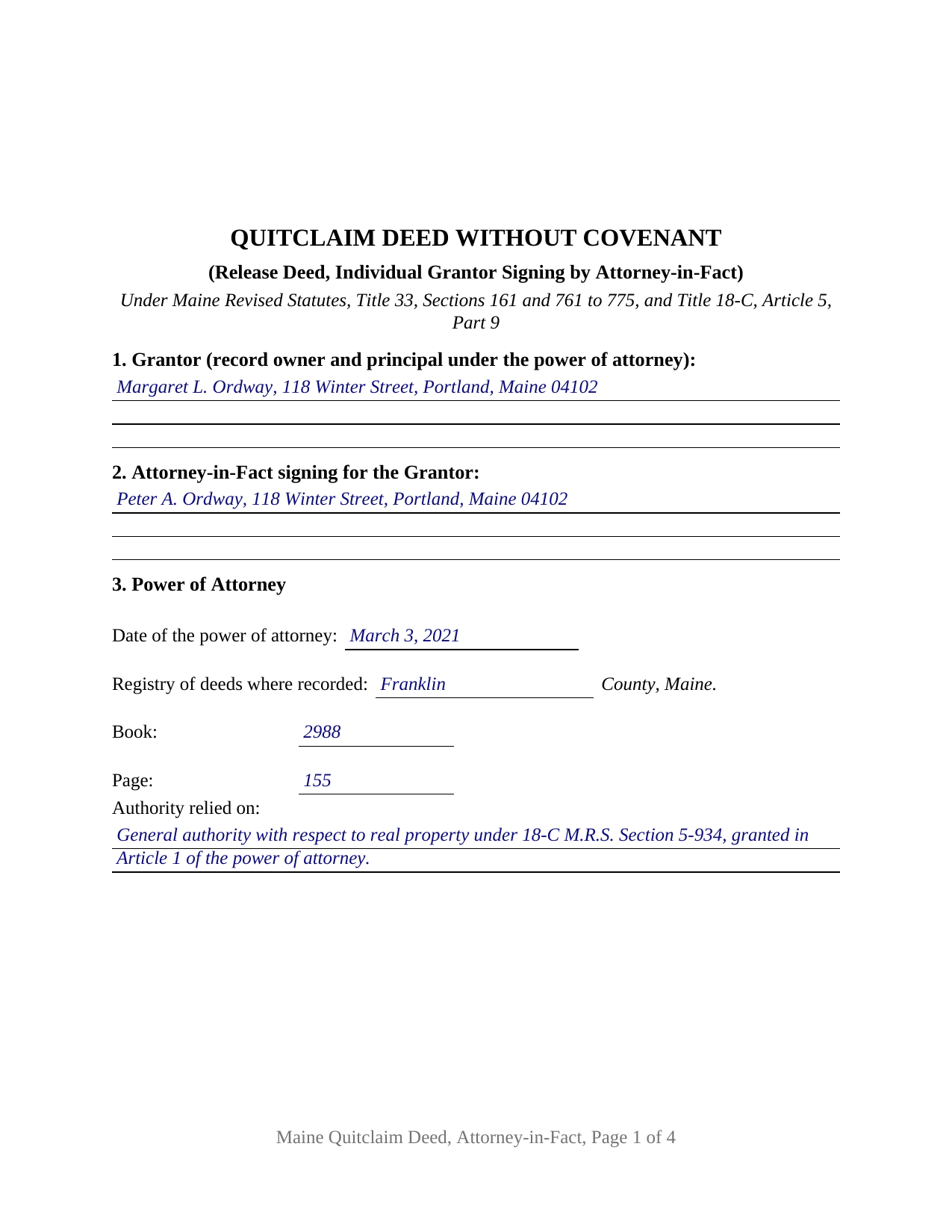 Sagadahoc County Completed Example of the Quitclaim Deed (Individual Grantor by Attorney-in-Fact) Document