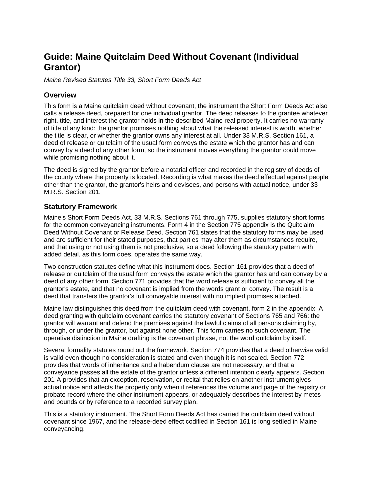 Aroostook County Quitclaim Deed (Individual Grantor) Guide
