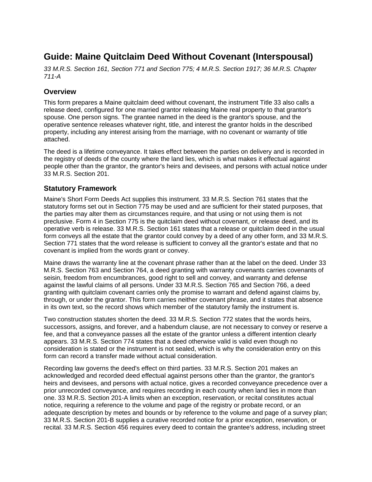 Piscataquis County Quitclaim Deed (Interspousal) Guide