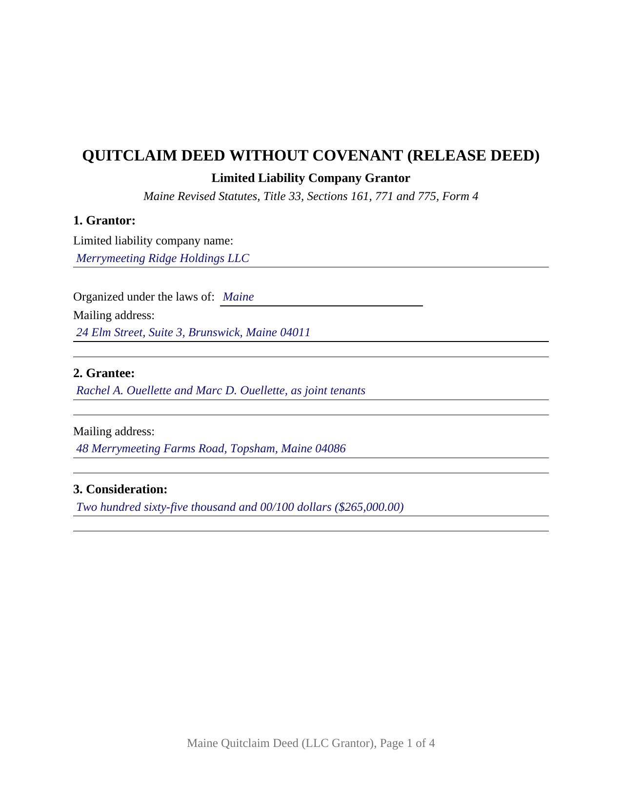 Franklin County Completed Example of the Quitclaim Deed (LLC Grantor) Document