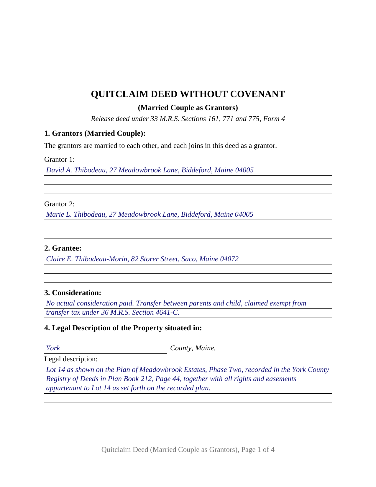 Penobscot County Completed Example of the Quitclaim Deed (Married Couple as Grantors) Document