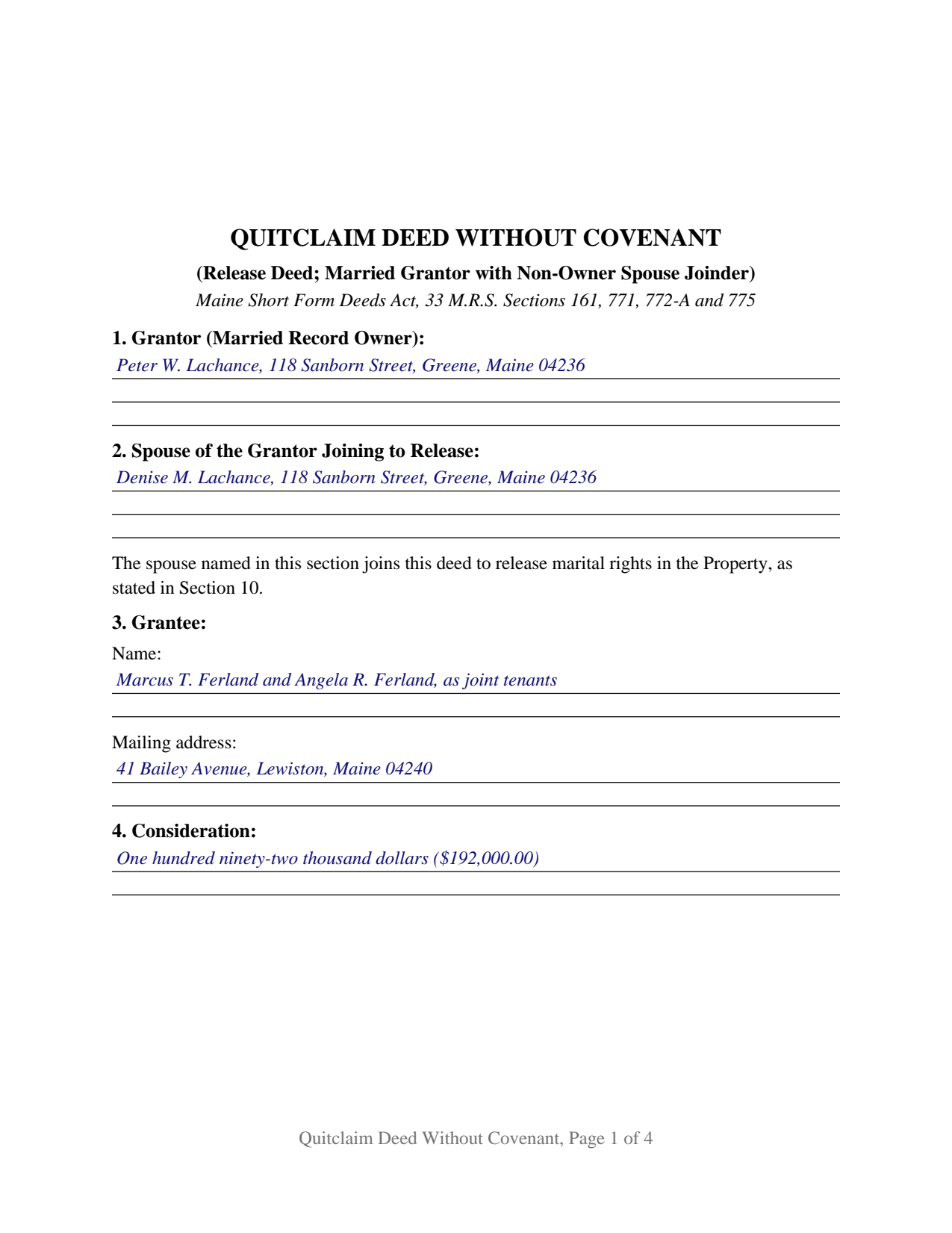 York County Completed Example of the Quitclaim Deed (Married Grantor with Non-Owner Spouse Joinder) Document