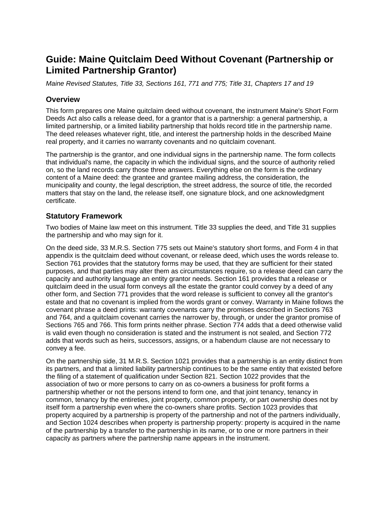 Aroostook County Quitclaim Deed (Partnership or Limited Partnership Grantor) Guide