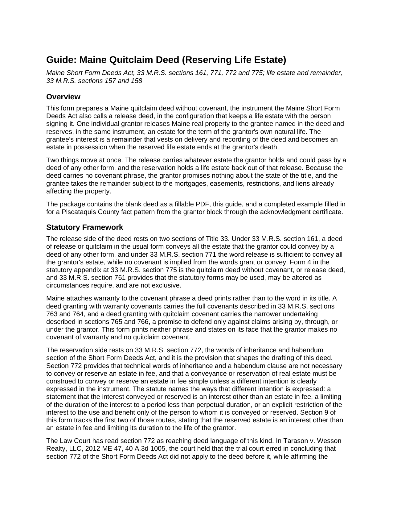 Aroostook County Quitclaim Deed (Reserving Life Estate) Guide