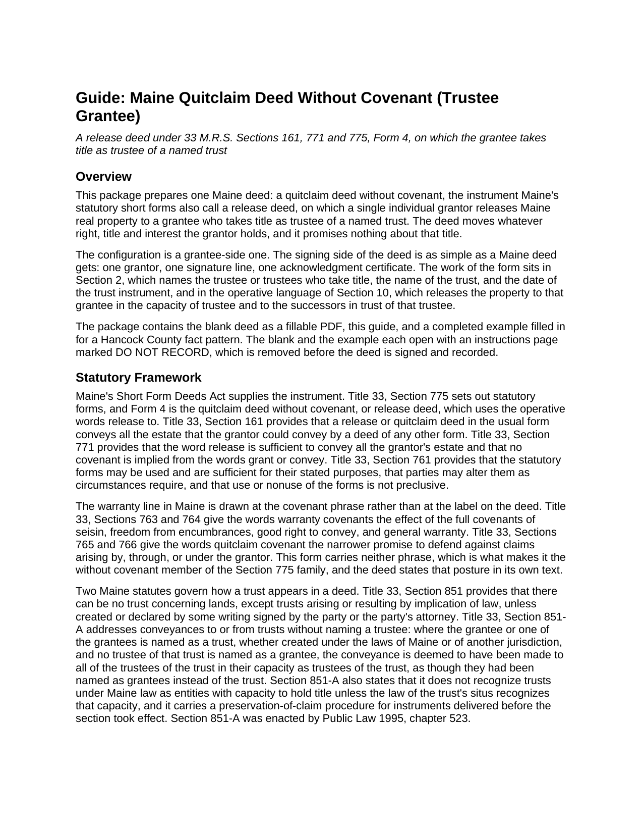 Oxford County Quitclaim Deed (Trustee Grantee) Guide
