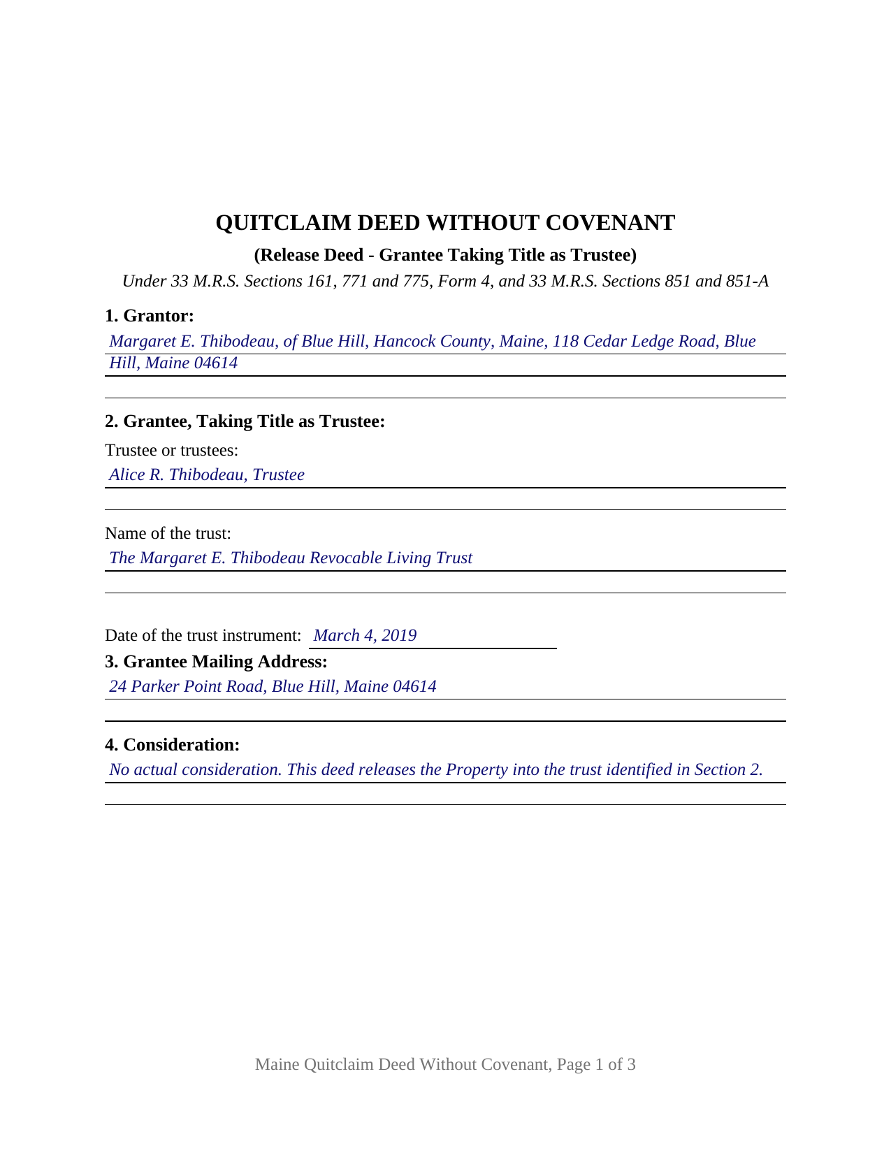 Oxford County Completed Example of the Quitclaim Deed (Trustee Grantee) Document