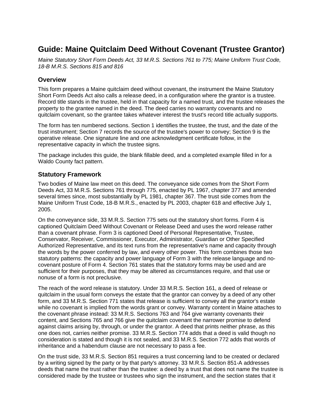 Hancock County Quitclaim Deed (Trustee Grantor) Guide