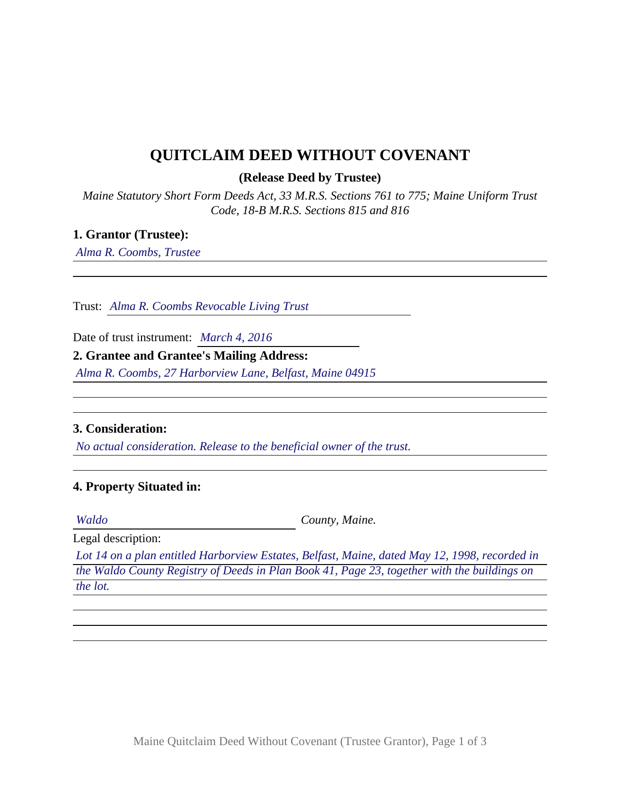 Hancock County Completed Example of the Quitclaim Deed (Trustee Grantor) Document
