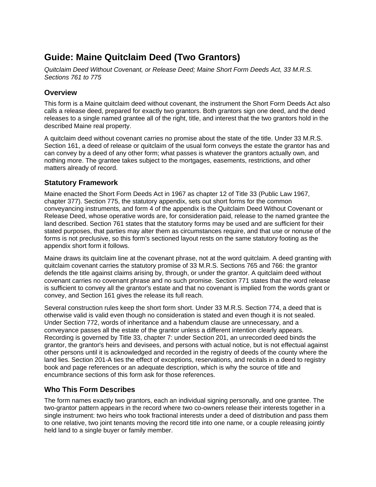 Oxford County Quitclaim Deed (Two Grantors) Guide