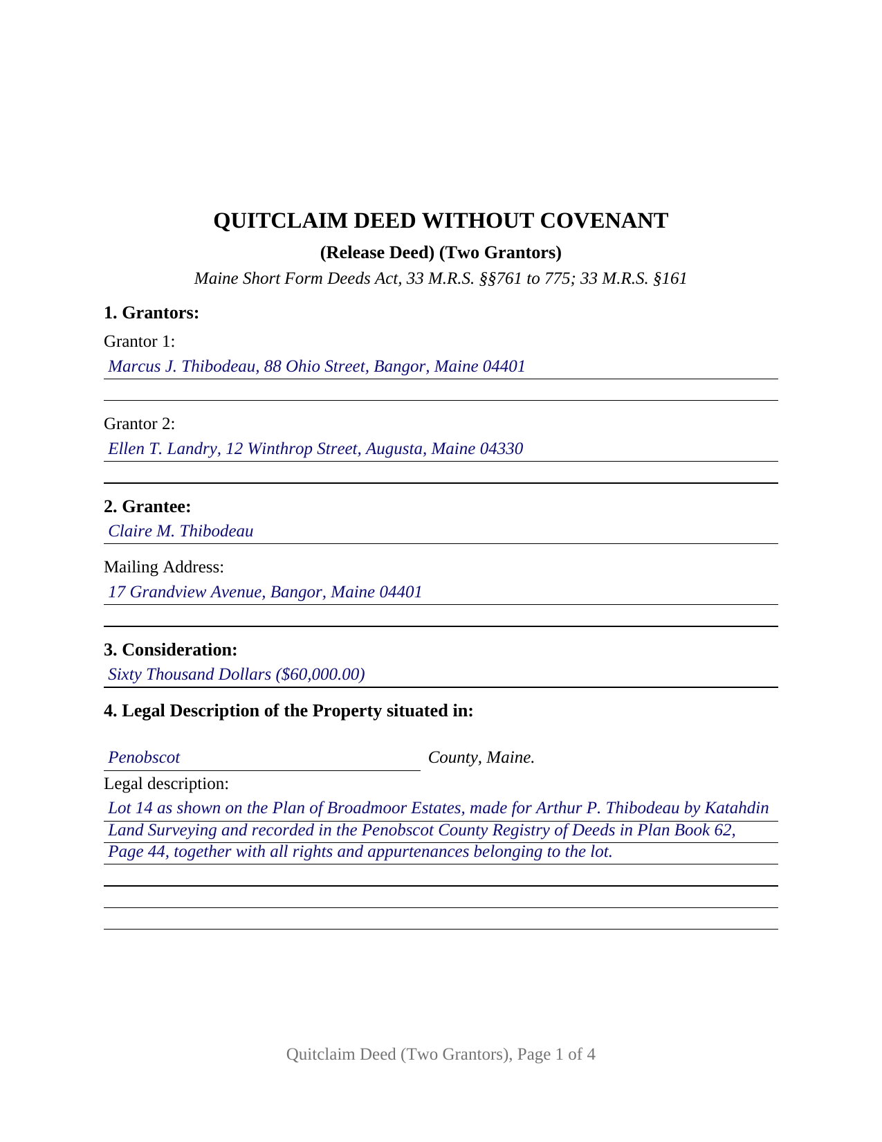 Oxford County Completed Example of the Quitclaim Deed (Two Grantors) Document