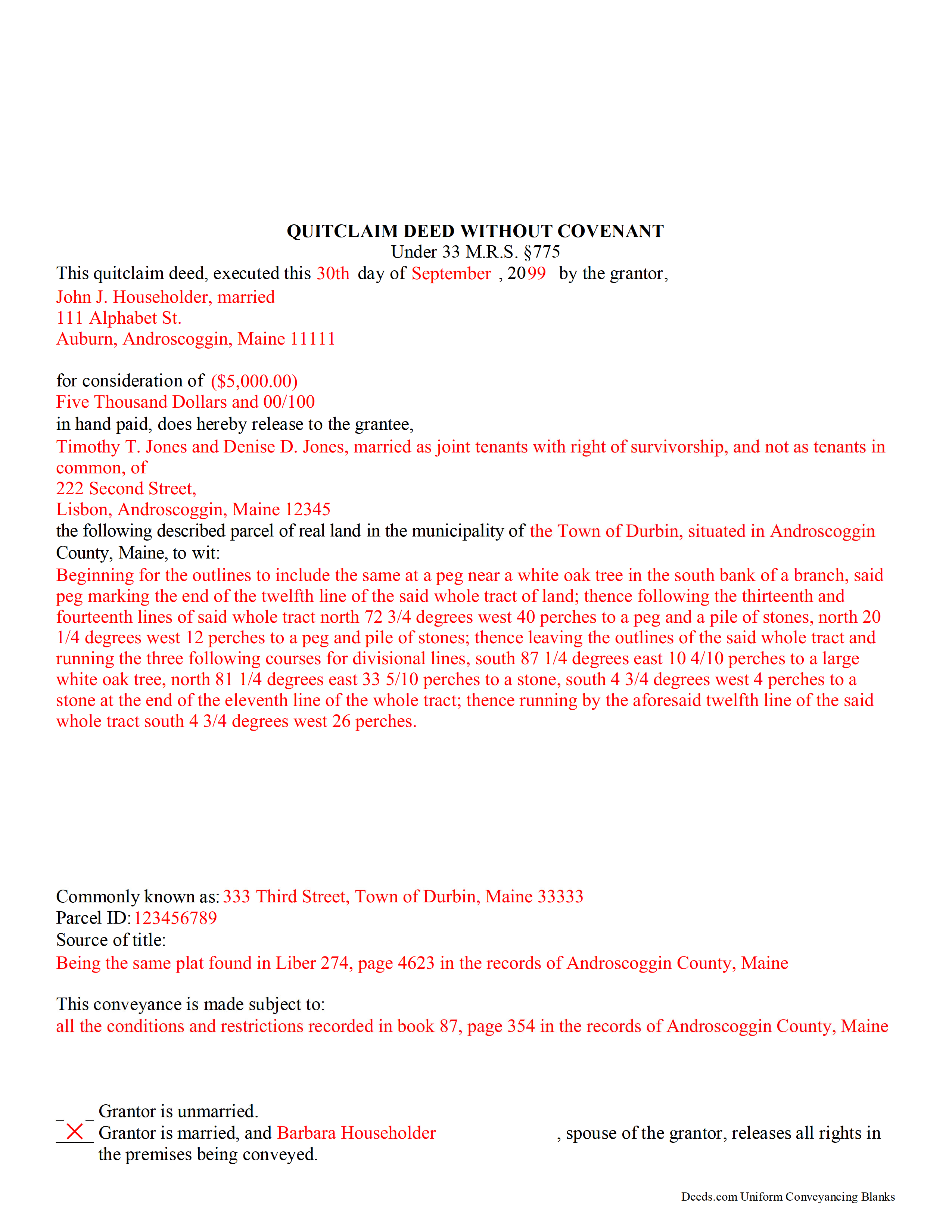 Waldo County Completed Example of the Quitclaim Deed Document