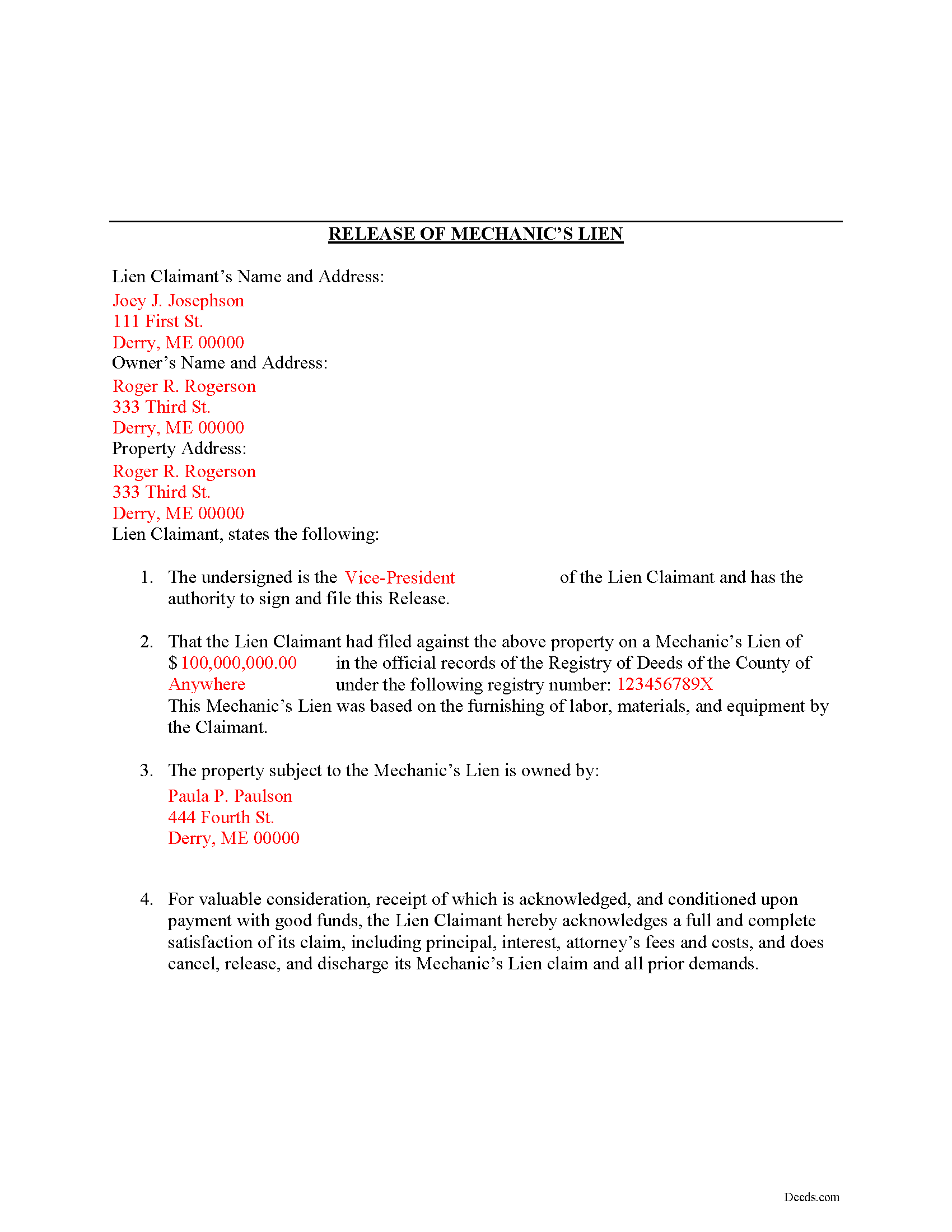 Waldo County Completed Example of the Release of Mechanic Lien Document