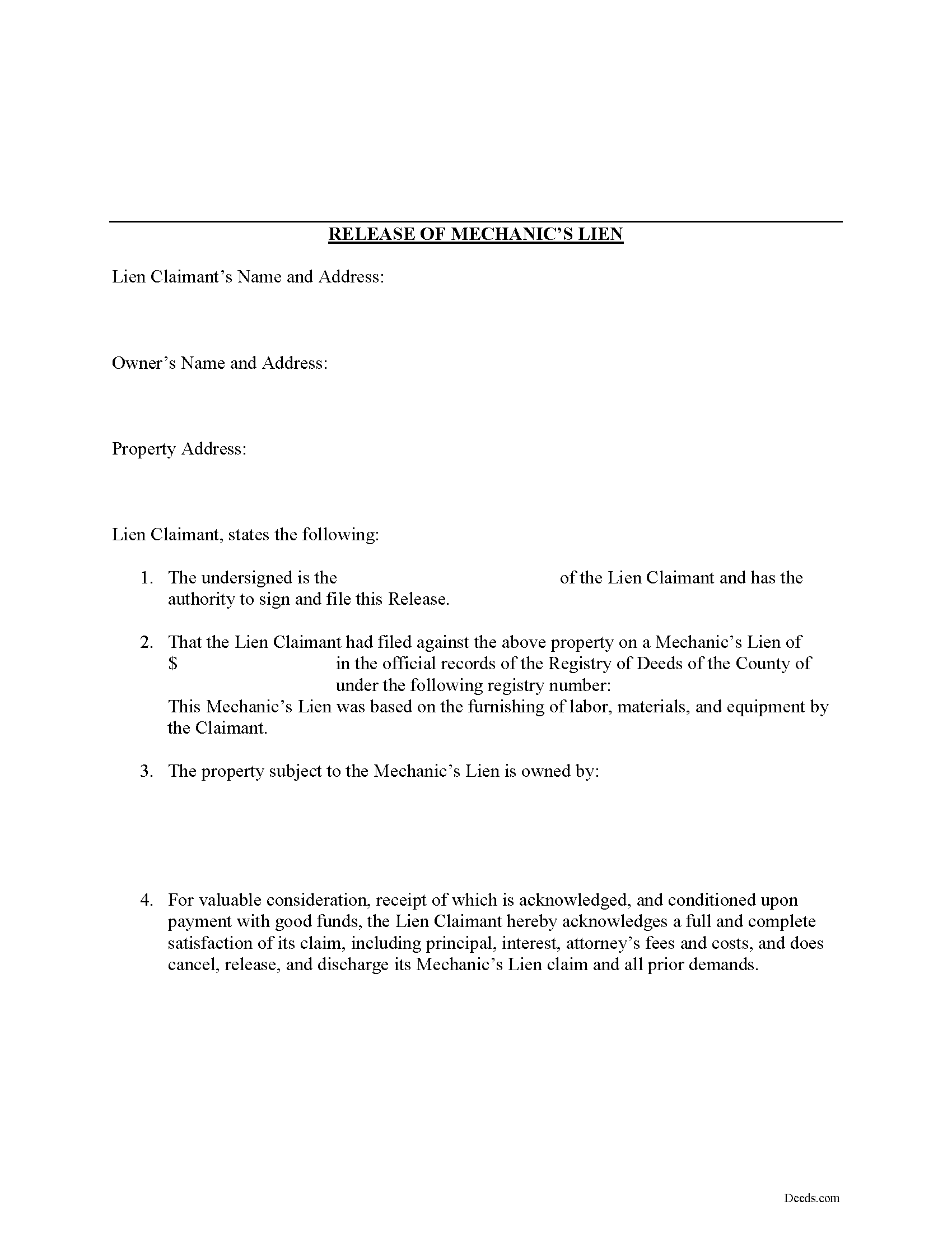 Waldo County Release of Mechanic Lien Form