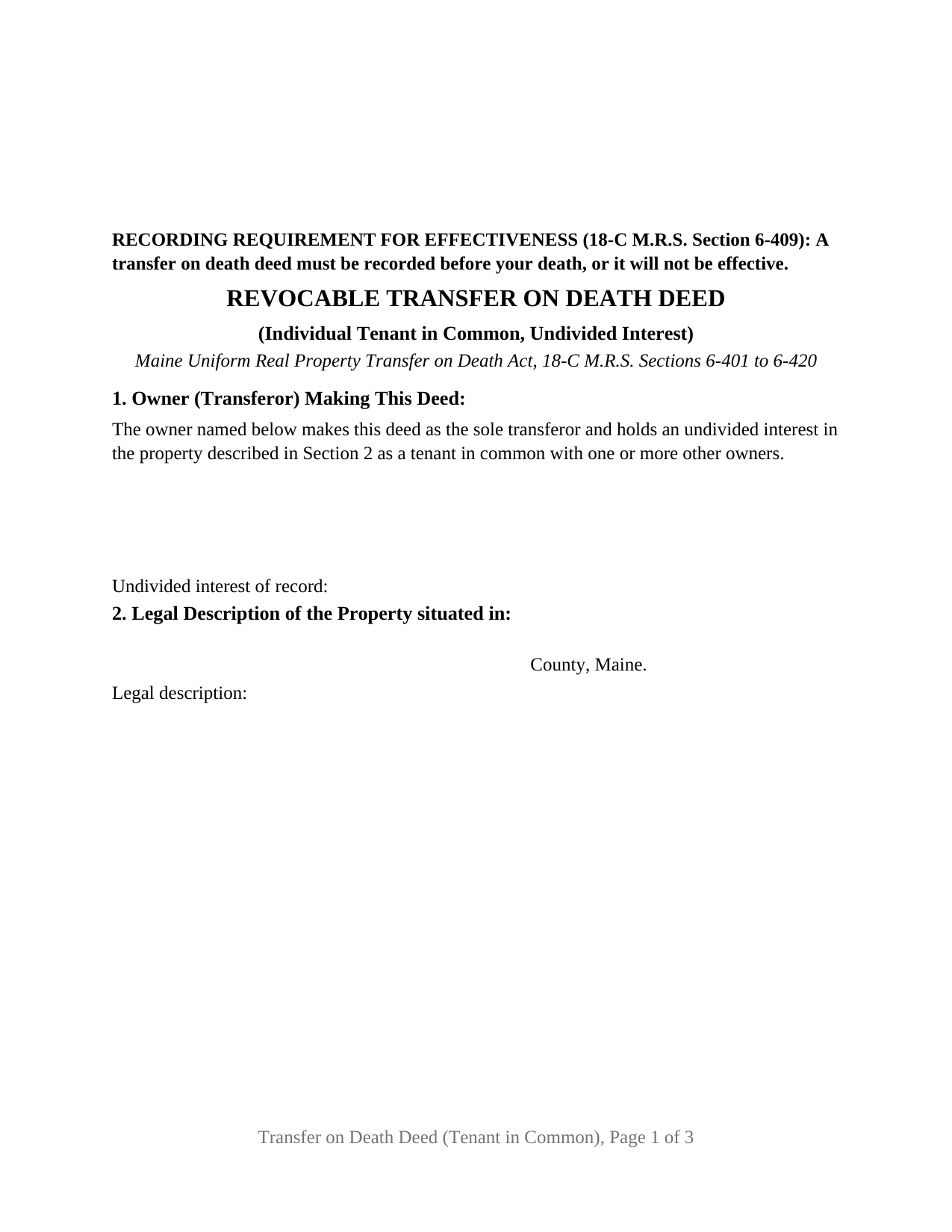 Hancock County Transfer on Death Deed (Individual Tenant in Common, Undivided Interest) Form