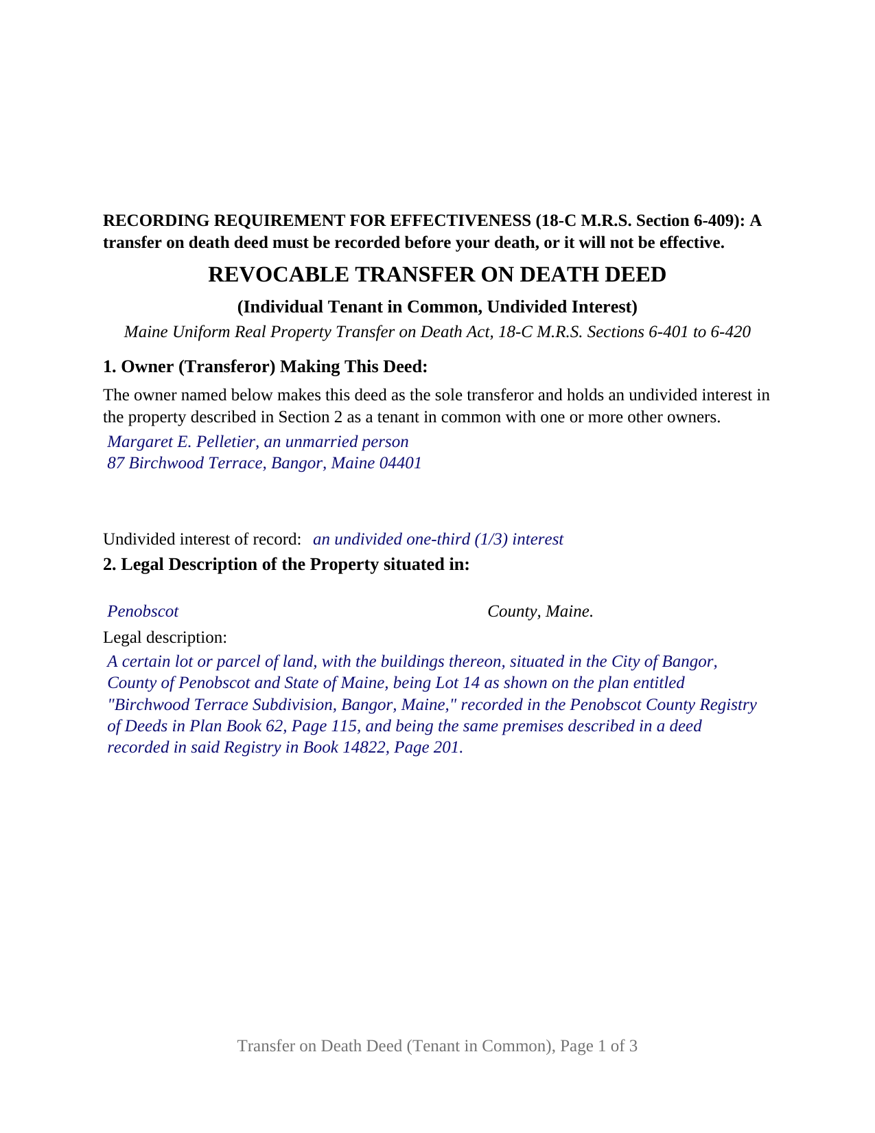 Hancock County Completed Example of the Transfer on Death Deed (Individual Tenant in Common, Undivided Interest) Document