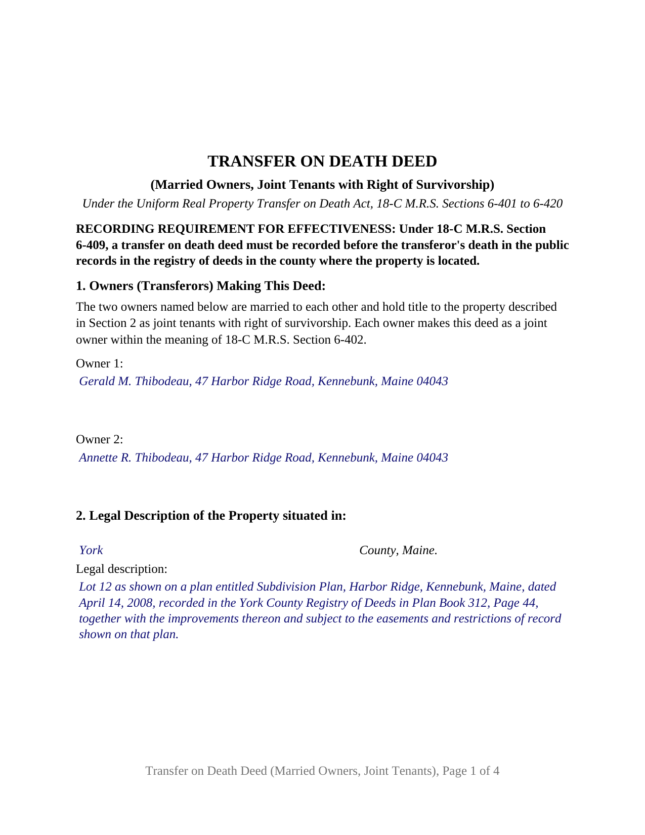 York County Completed Example of the Transfer on Death Deed (Married Owners, Joint Tenants with Right of Survivorship) Document