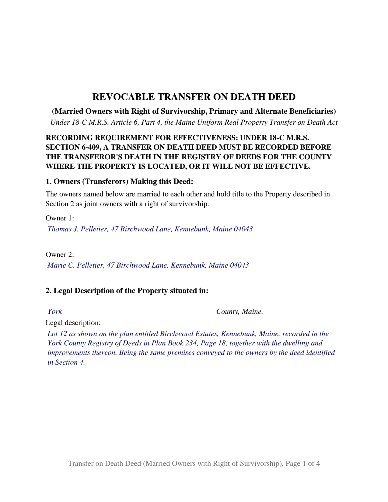York County Completed Example of the Transfer on Death Deed (Married Owners with Right of Survivorship, Primary and Alternate Beneficiaries) Document