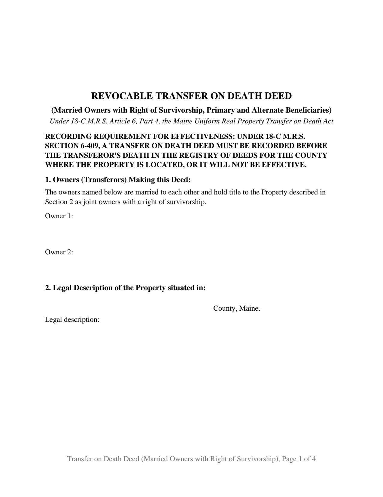 York County Transfer on Death Deed (Married Owners with Right of Survivorship, Primary and Alternate Beneficiaries) Form