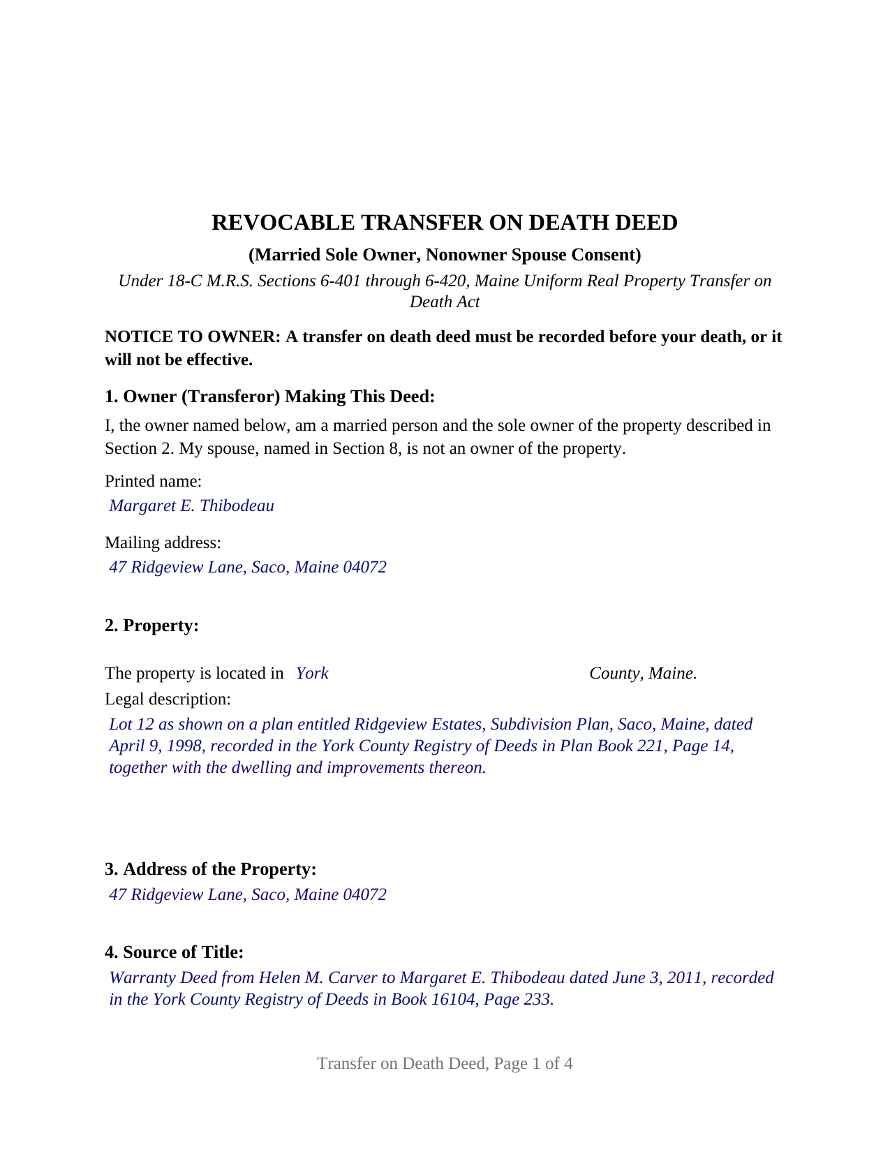 Cumberland County Completed Example of the Transfer on Death Deed (Married Sole Owner, Nonowner Spouse Consent) Document
