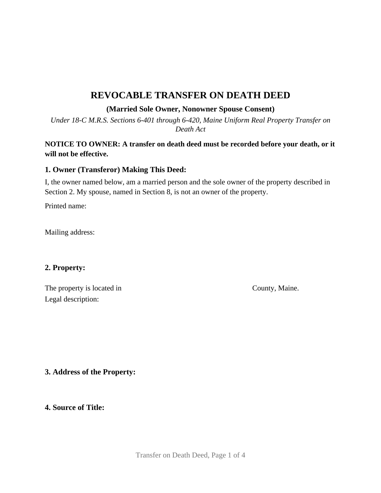 Cumberland County Transfer on Death Deed (Married Sole Owner, Nonowner Spouse Consent) Form