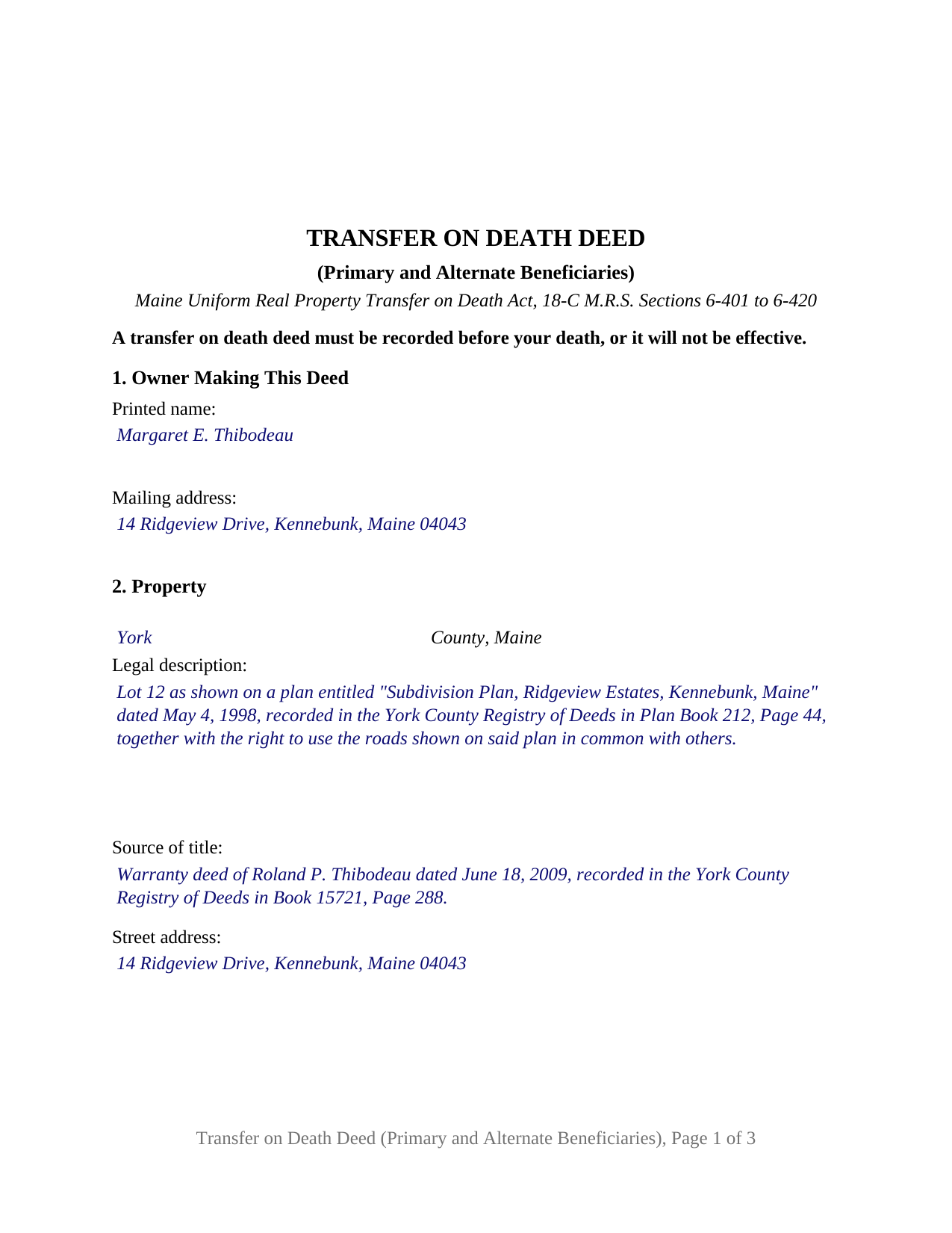 York County Completed Example of the Transfer on Death Deed (Primary and Alternate Beneficiaries) Document