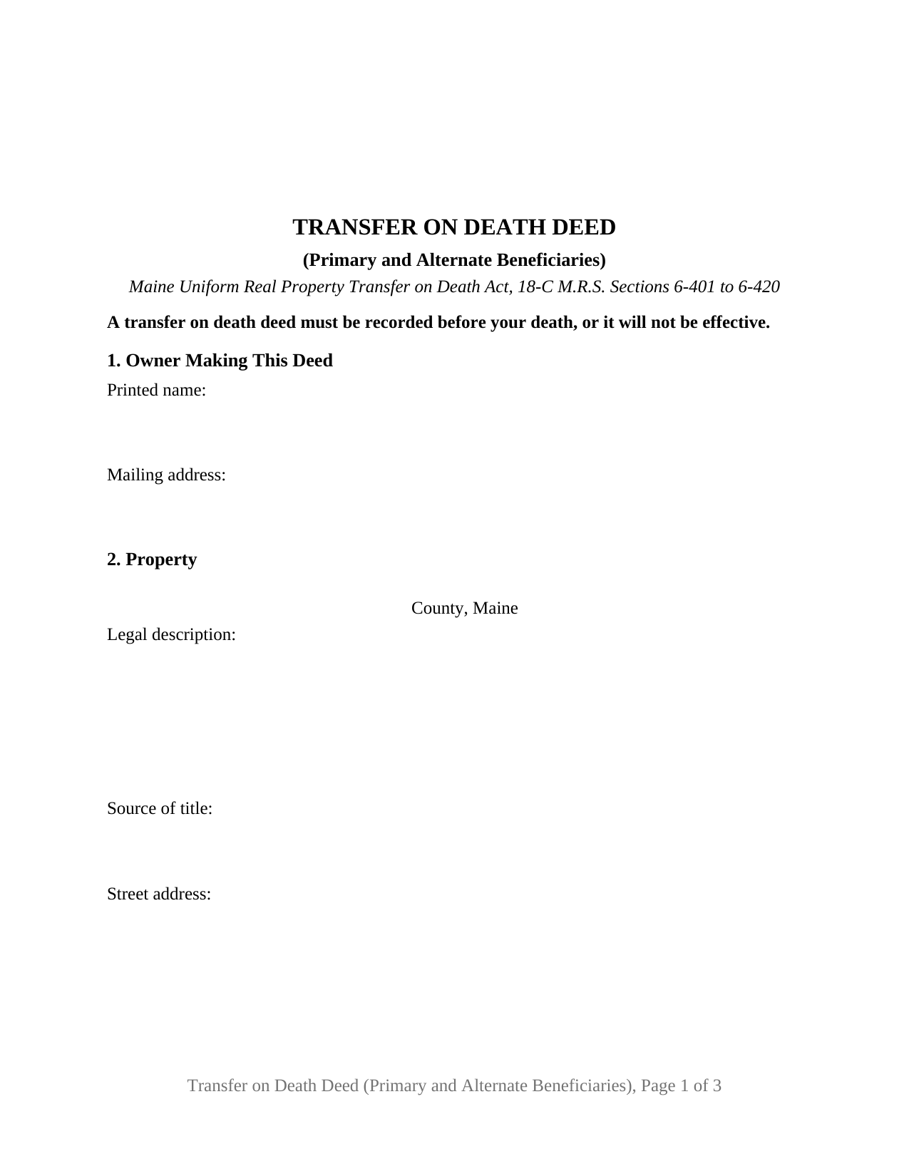 York County Transfer on Death Deed (Primary and Alternate Beneficiaries) Form