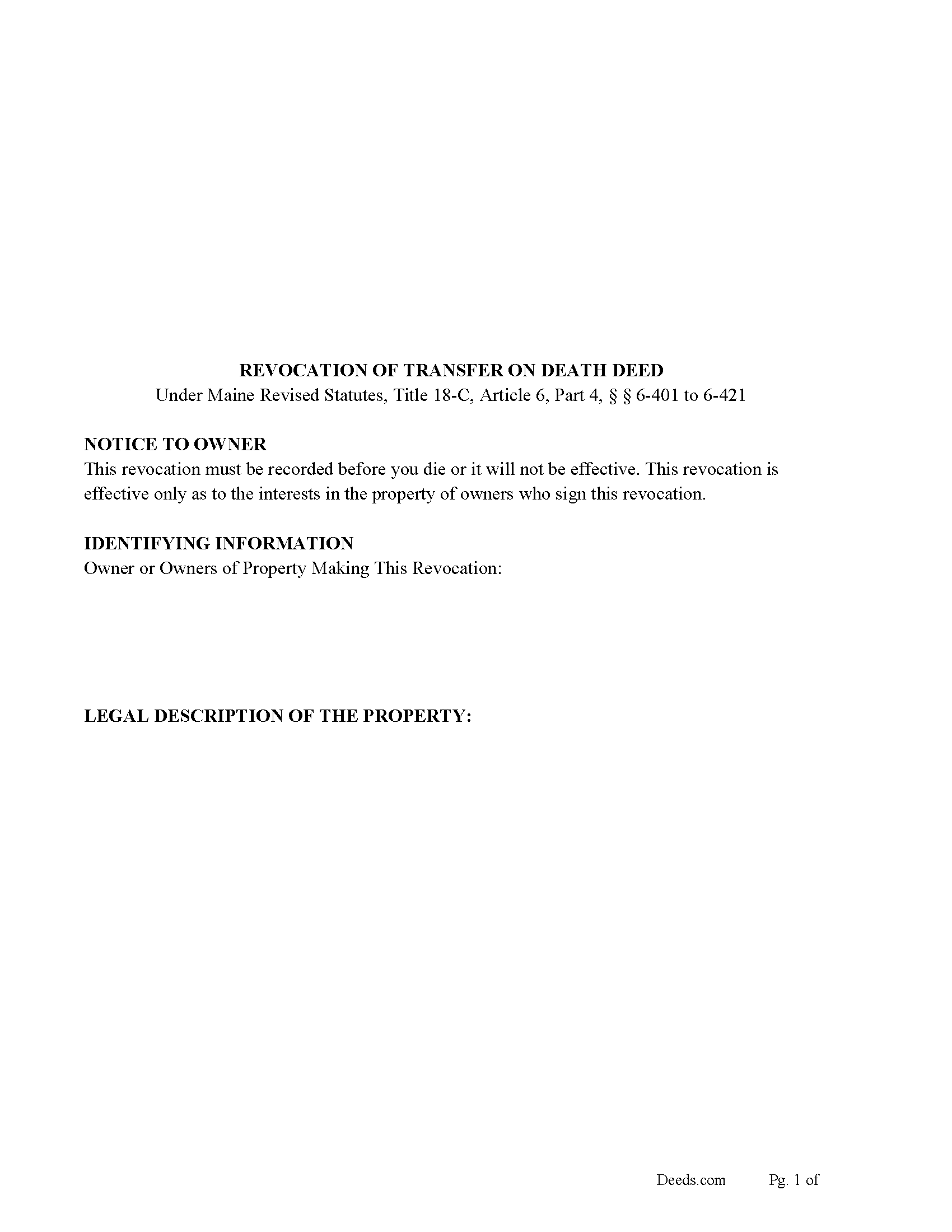 Washington County Revocation of Transfer on Death Deed Form