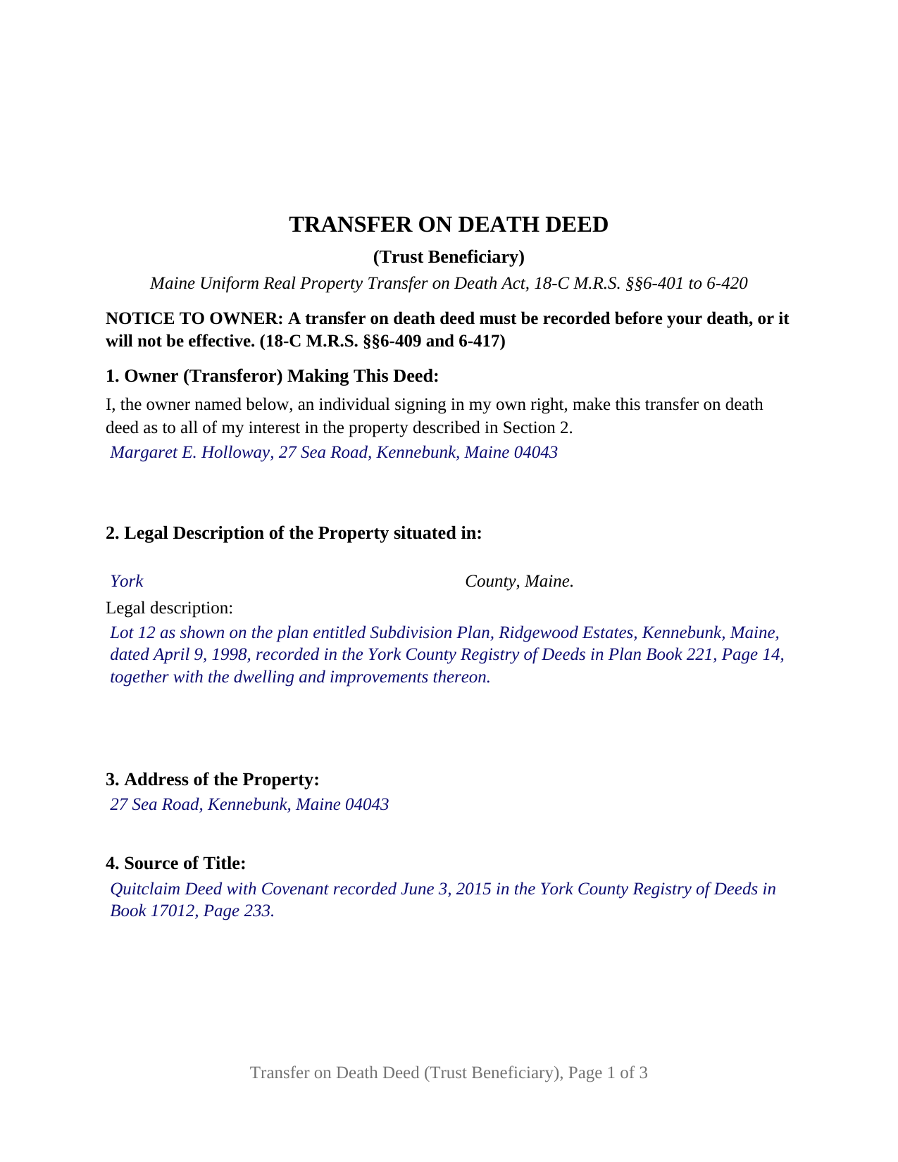 York County Completed Example of the Transfer on Death Deed (Trust Beneficiary) Document